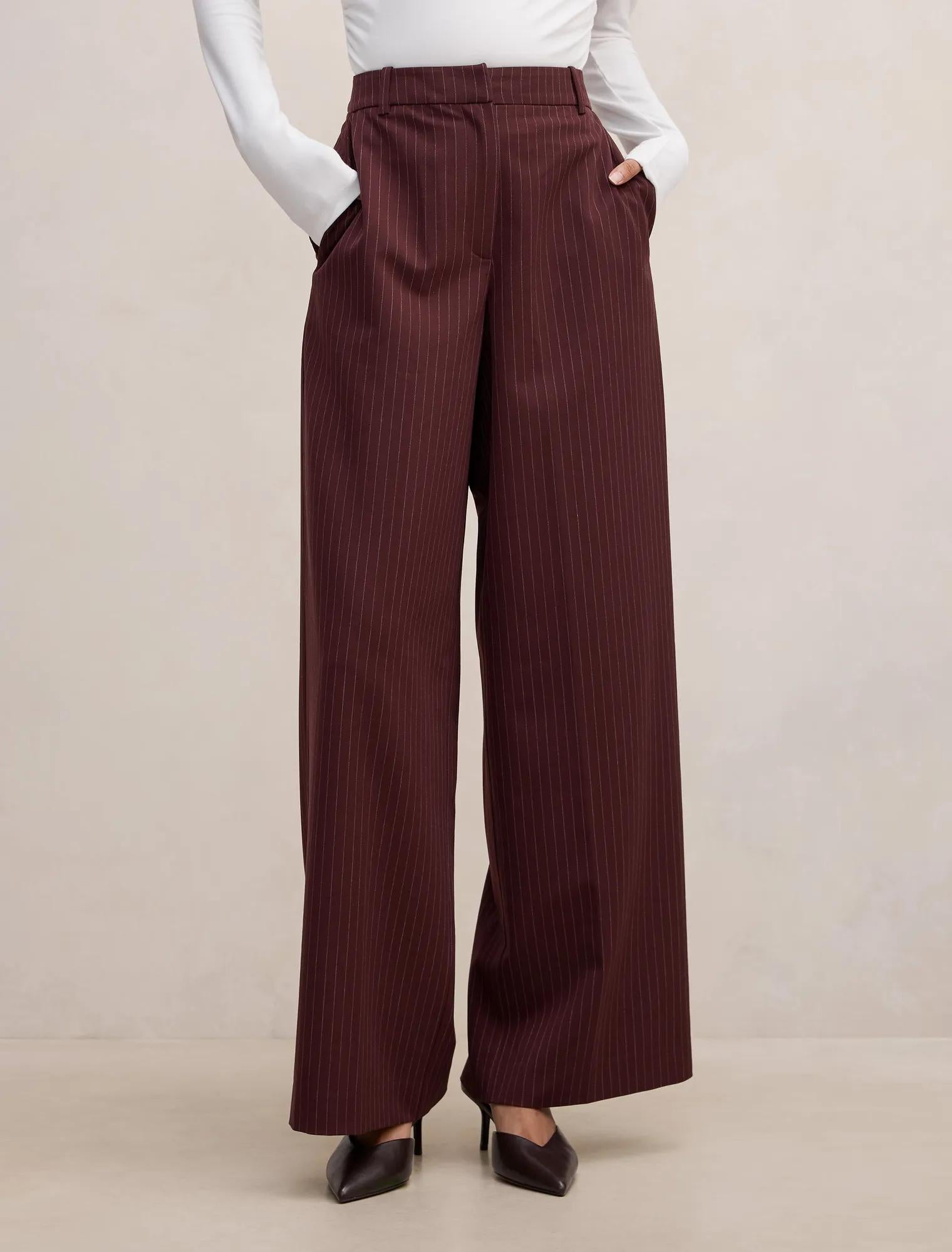 Paloma Petite Wide Leg Pant Berry Pinstripe Suit