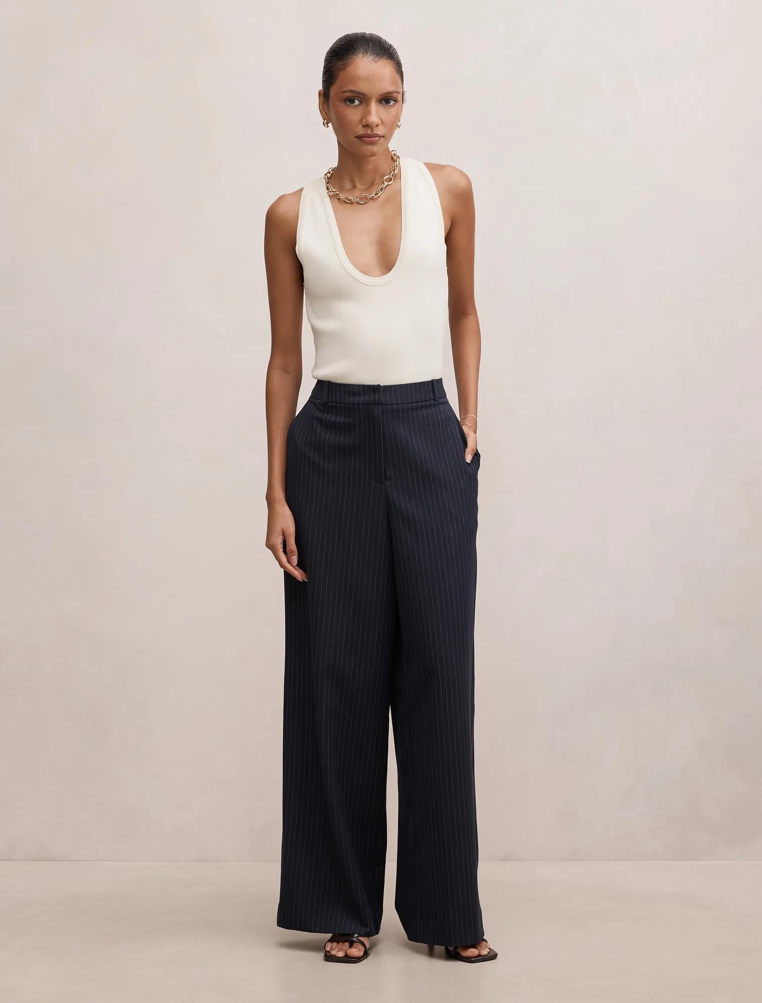 Paloma Petite Wide Leg Pant Navy Pinstripe