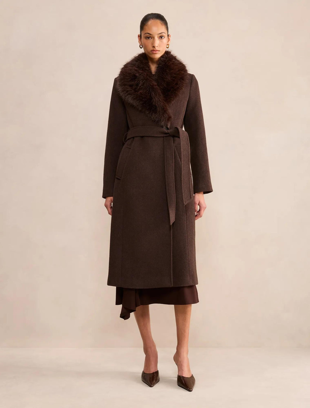 Esme Faux Fur Collar Coat Chocolate