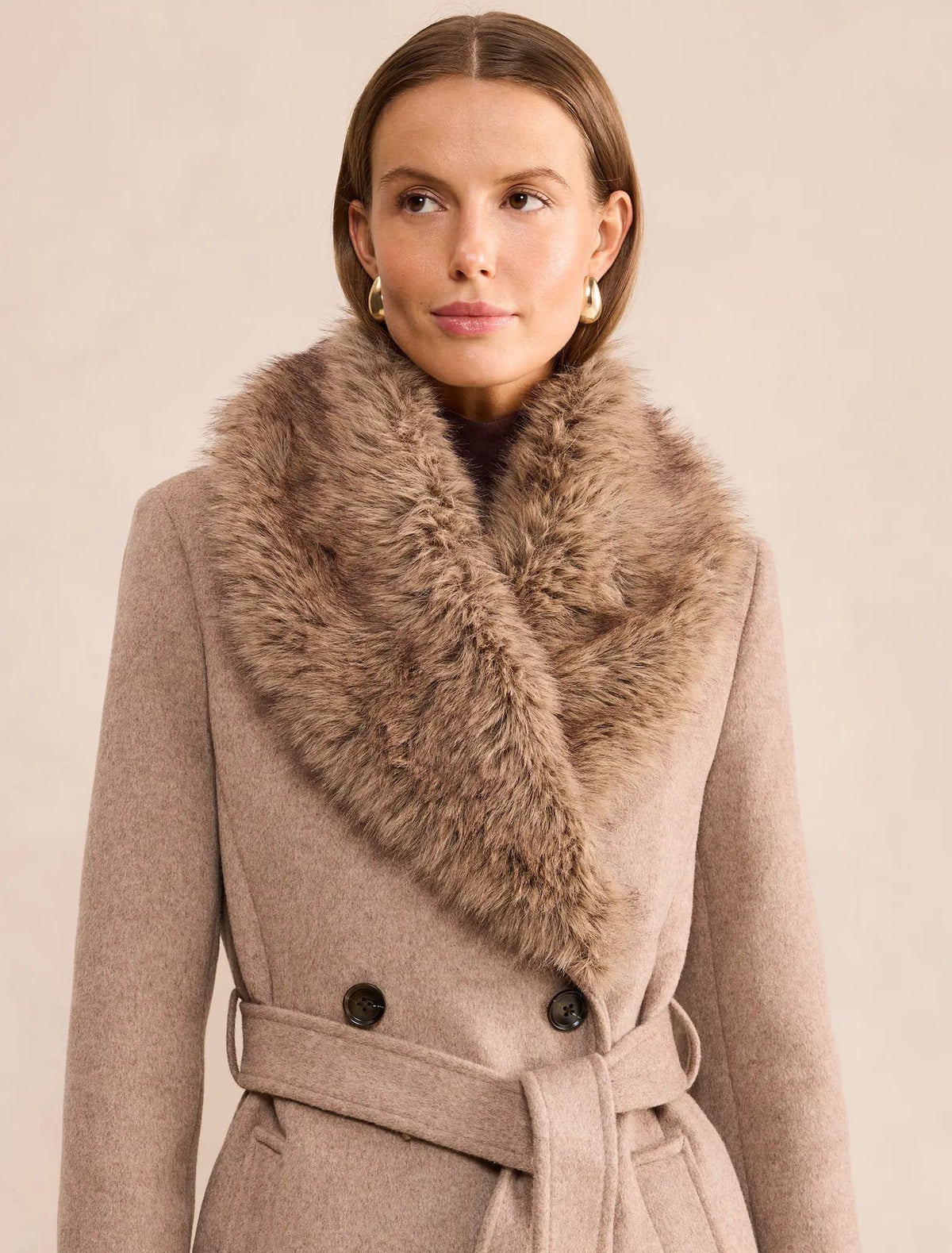 Esme Faux Fur Collar Coat Neutral Mink Marle