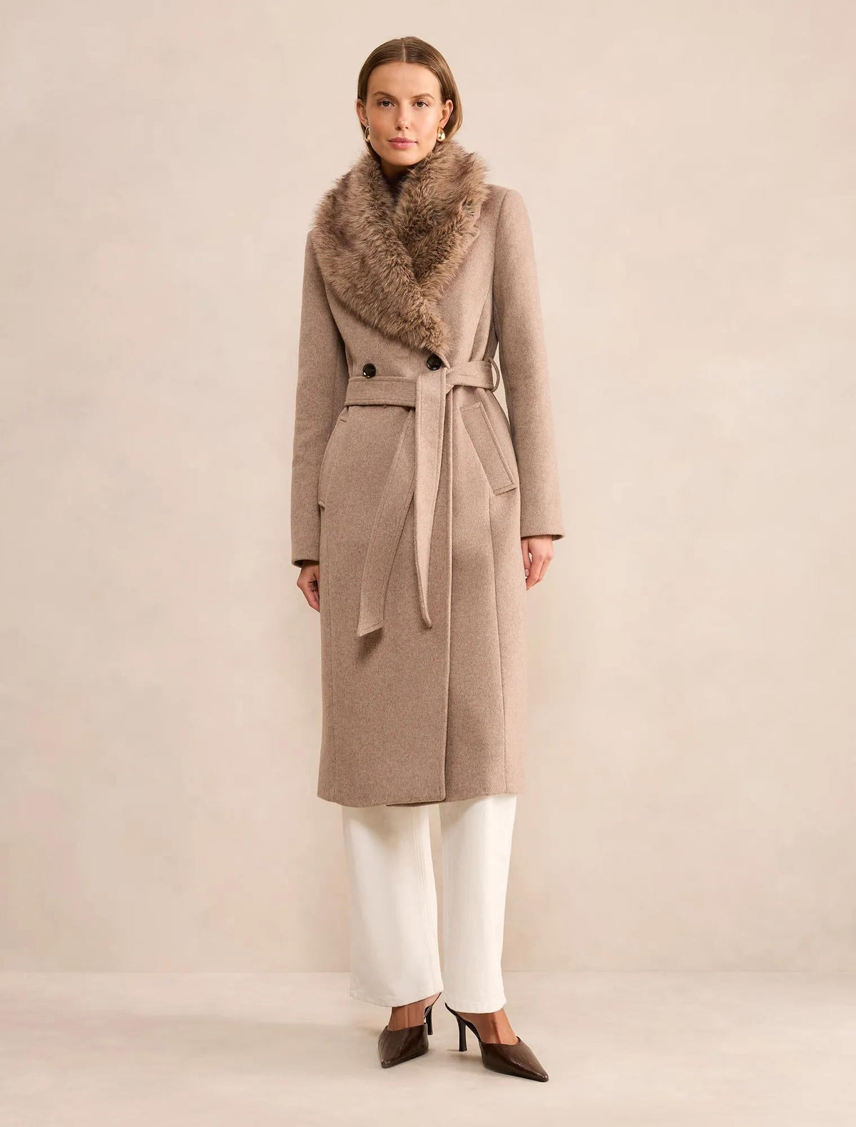 Esme Faux Fur Collar Coat Neutral Mink Marle