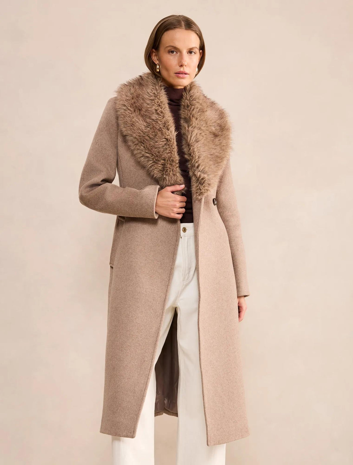 Esme Faux Fur Collar Coat Neutral Mink Marle