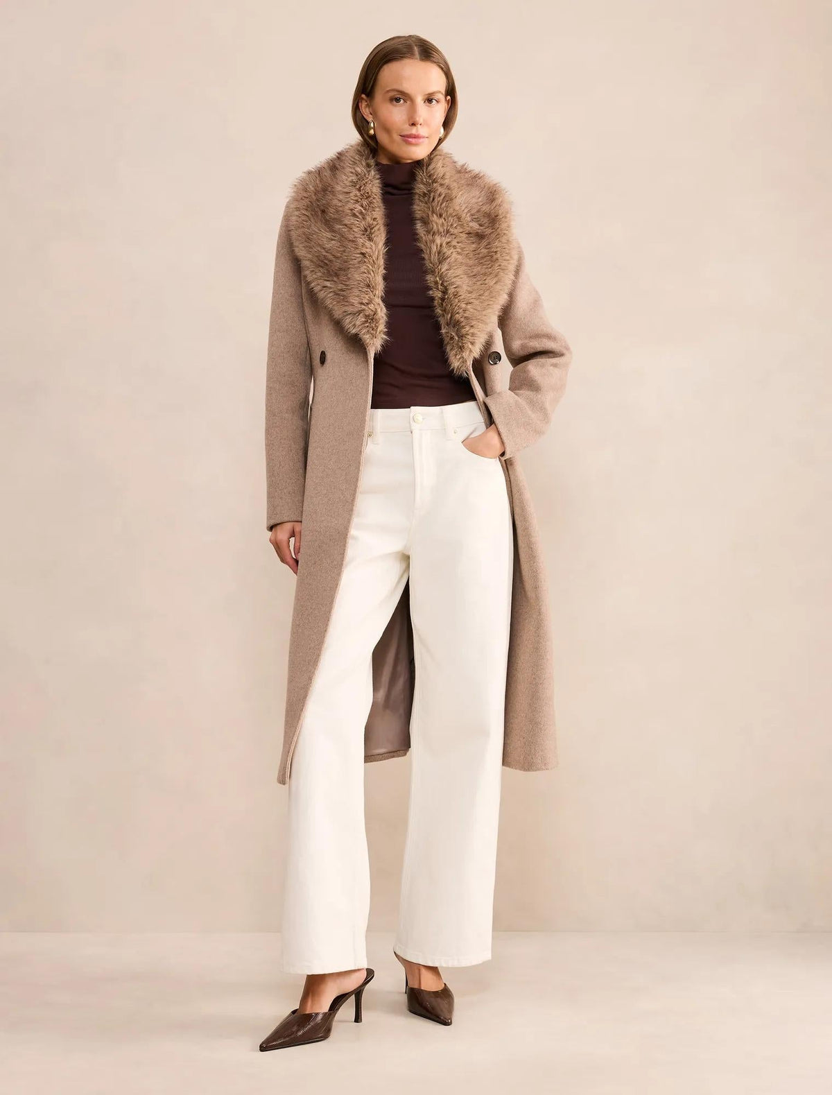 Esme Faux Fur Collar Coat Neutral Mink Marle