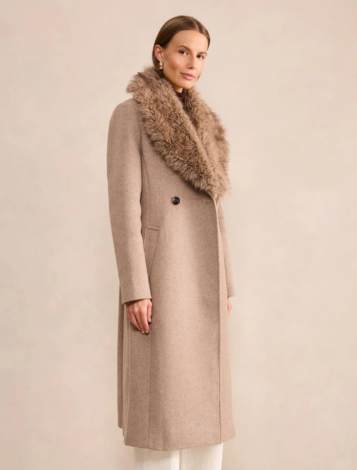 Esme Faux Fur Collar Coat Neutral Mink Marle