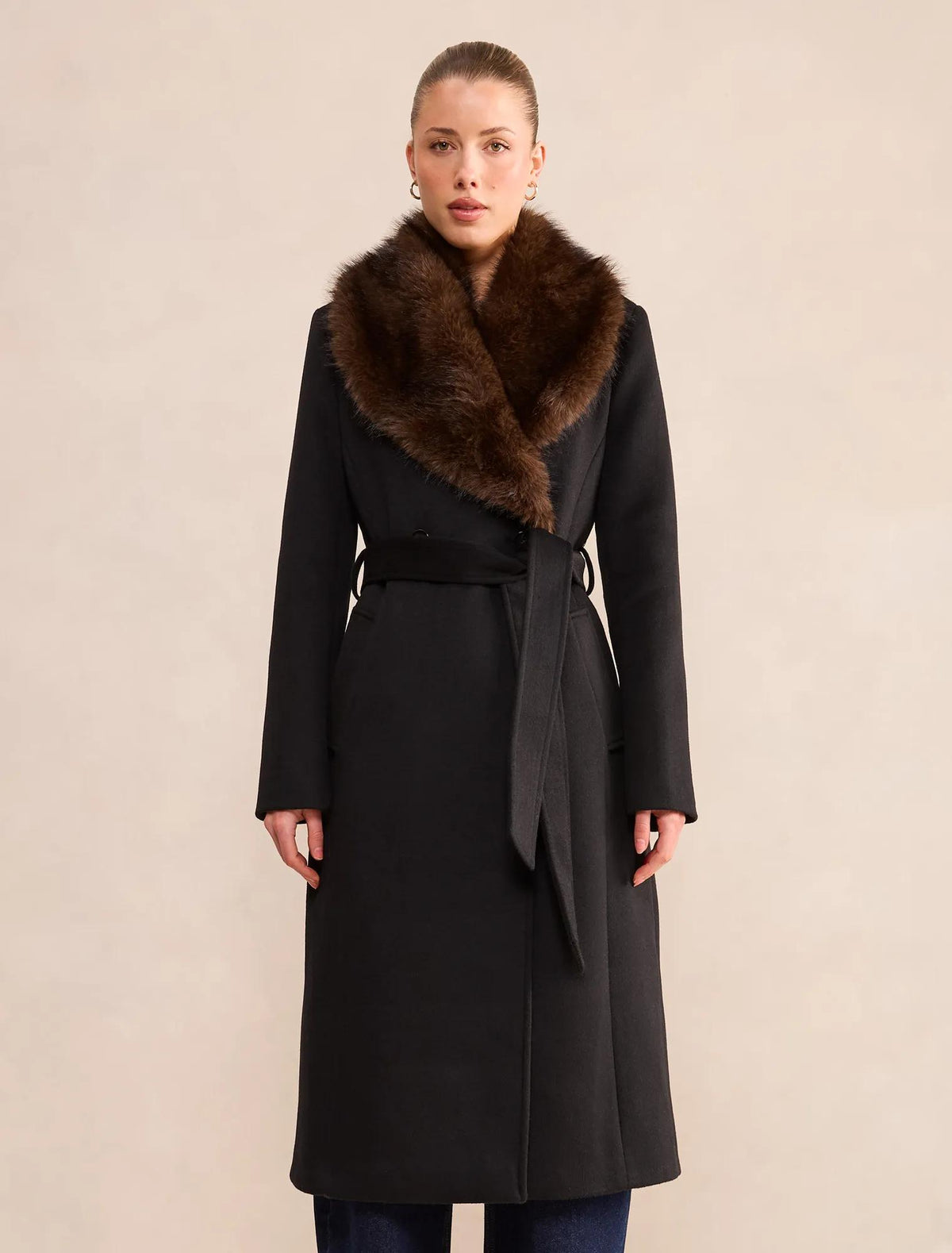 Esme Faux Fur Collar Coat Black/Choc