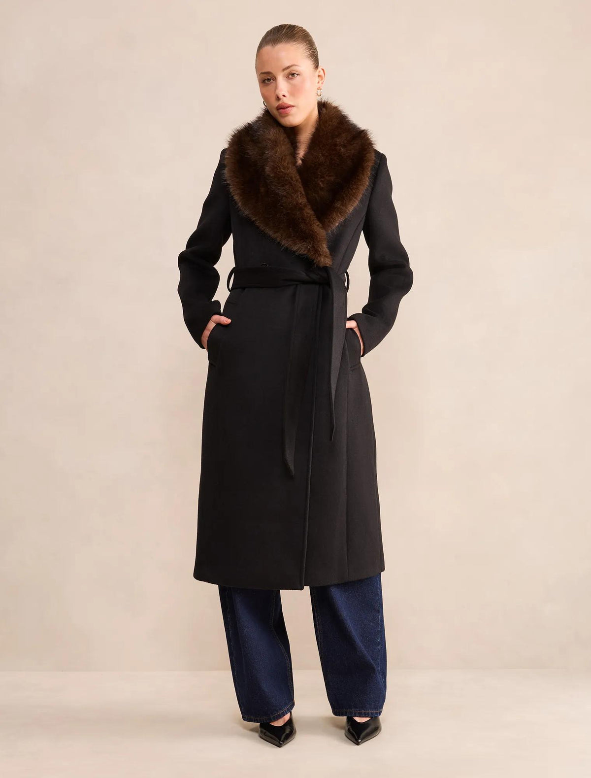 Esme Faux Fur Collar Coat Black/Choc