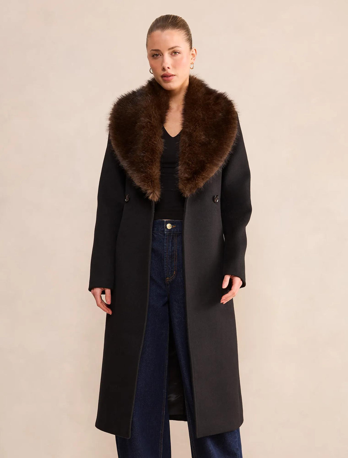 Esme Faux Fur Collar Coat Black/Choc