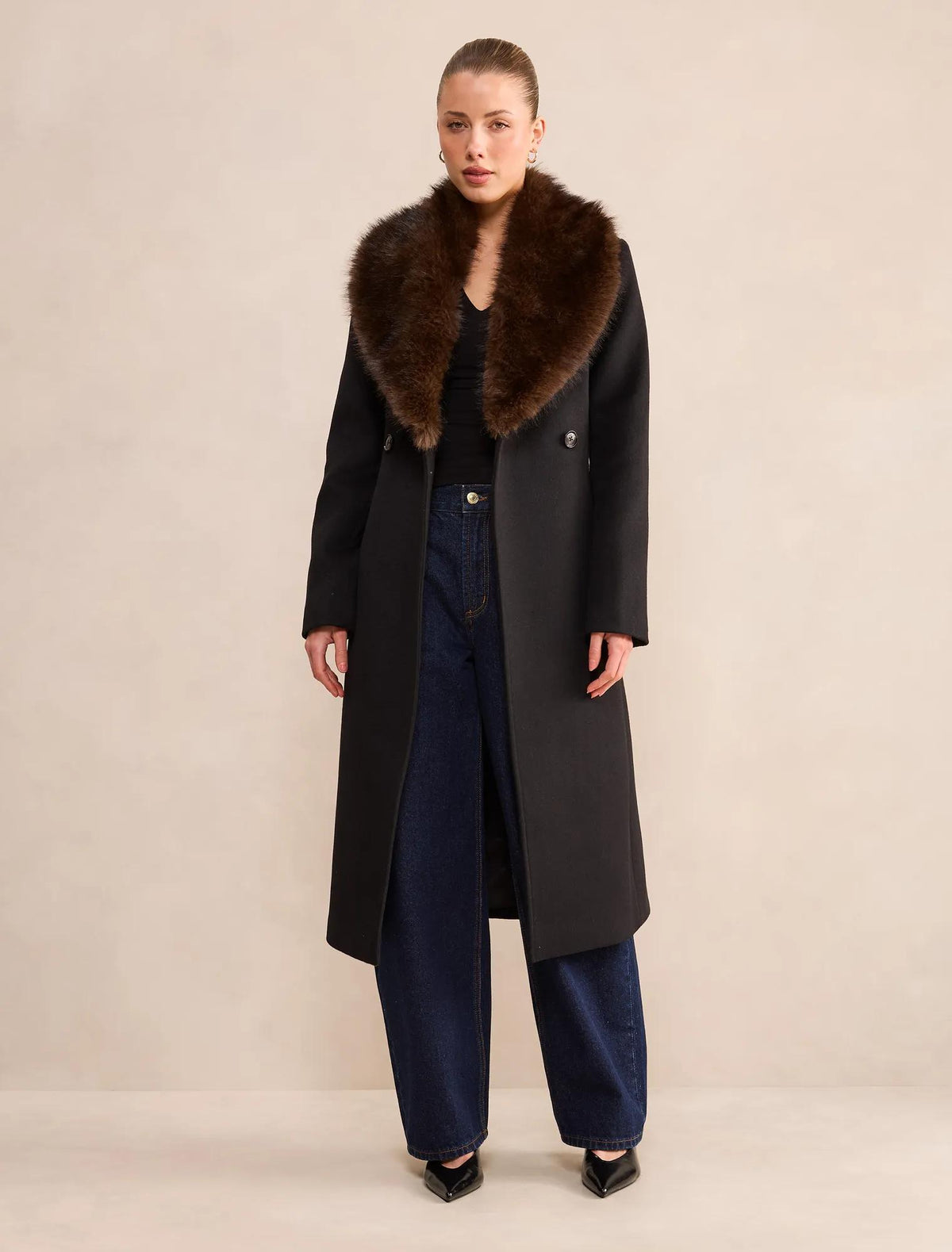 Esme Faux Fur Collar Coat Black/Choc