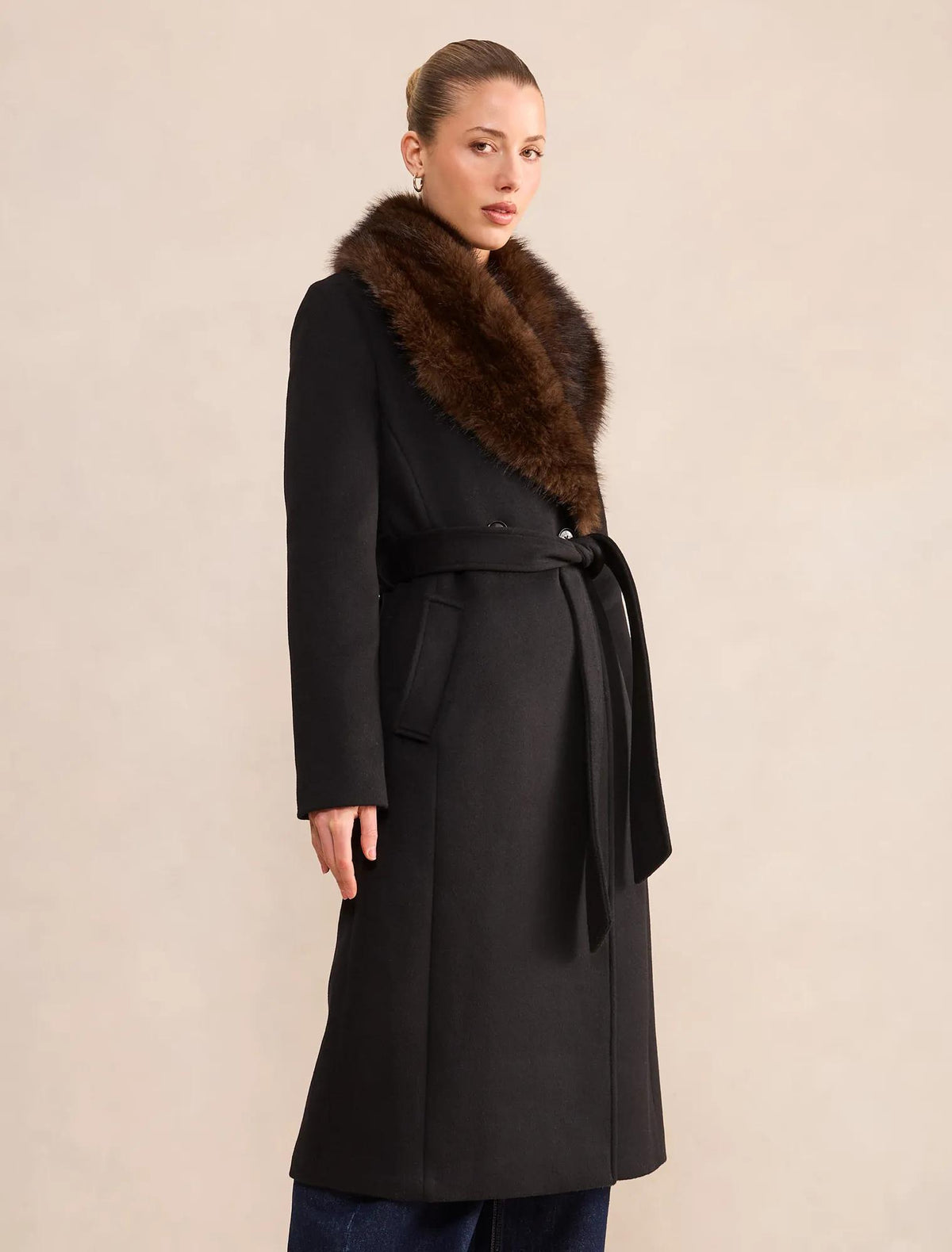 Esme Faux Fur Collar Coat Black/Choc