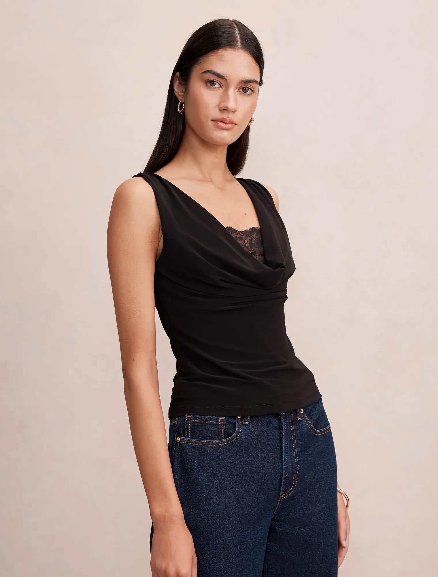 Hope Layered Lace Cowl Top Black