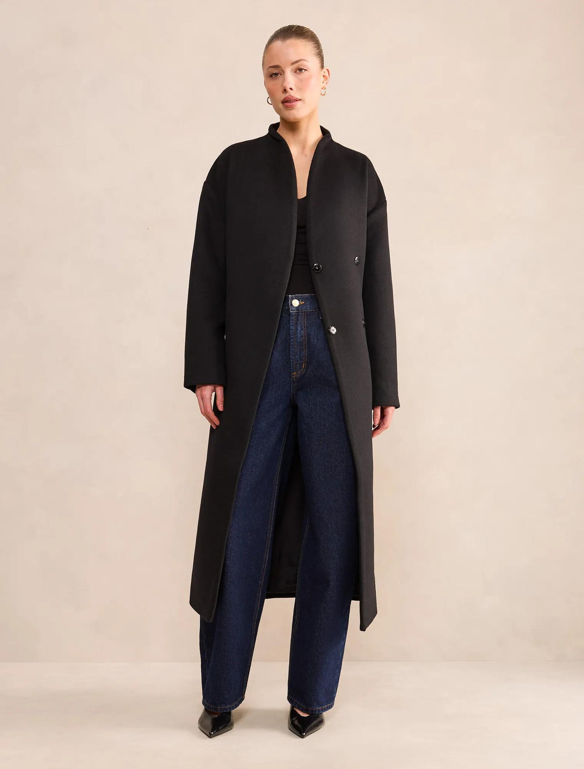Courtney Curved Funnel Neck Coat Black