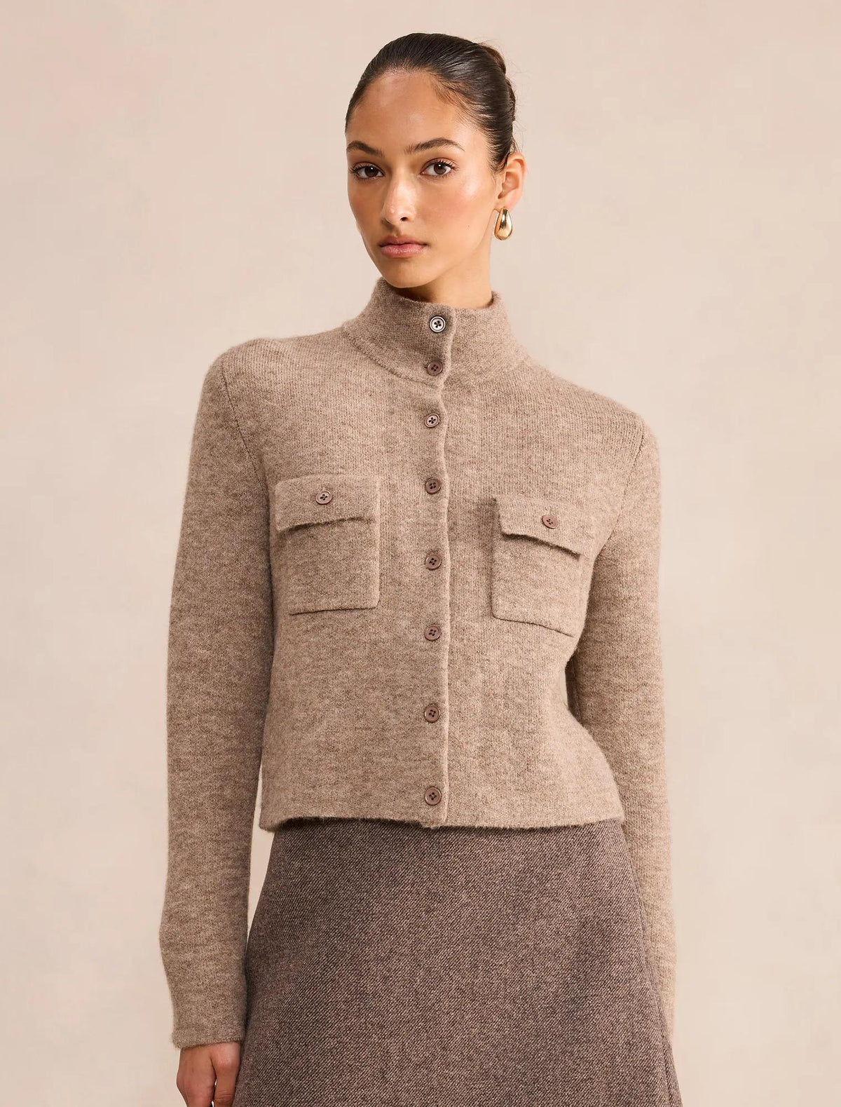 Piper Funnel Neck Cardigan Hazelnut Brown