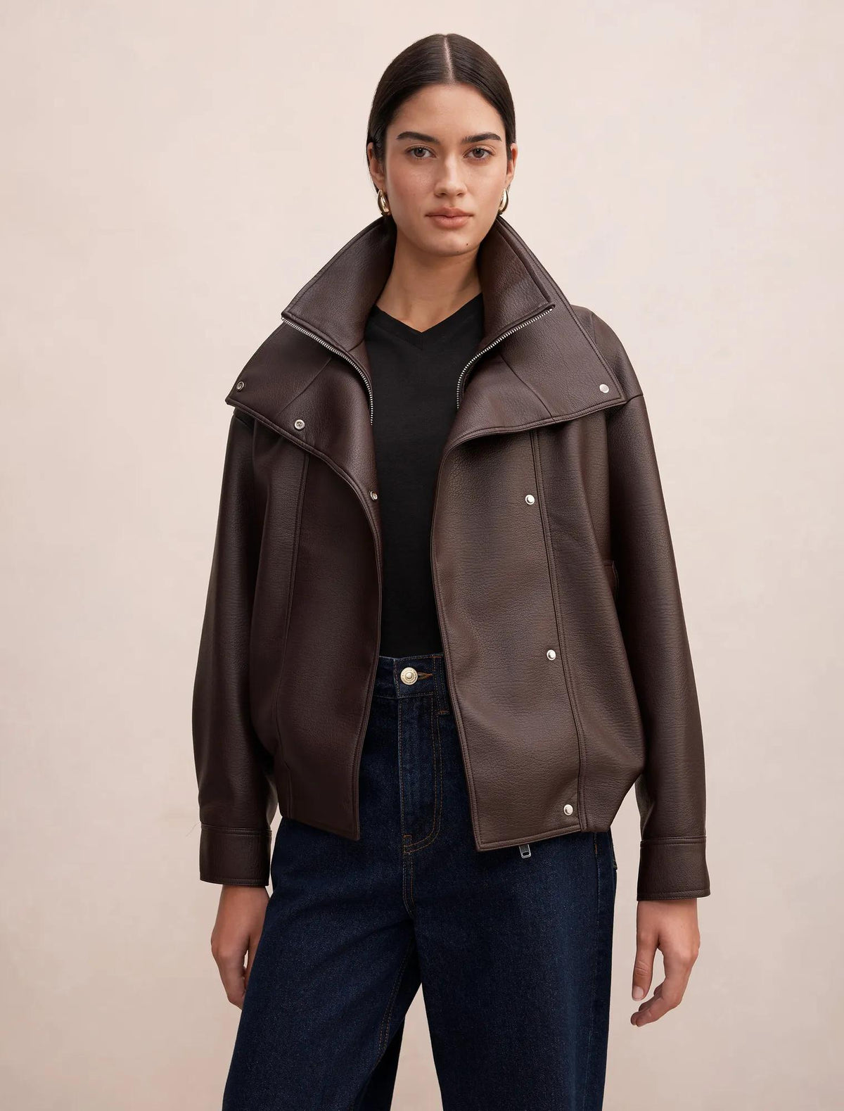 Bex Double Funnel Neck Faux Leather Jacket Deep Plum