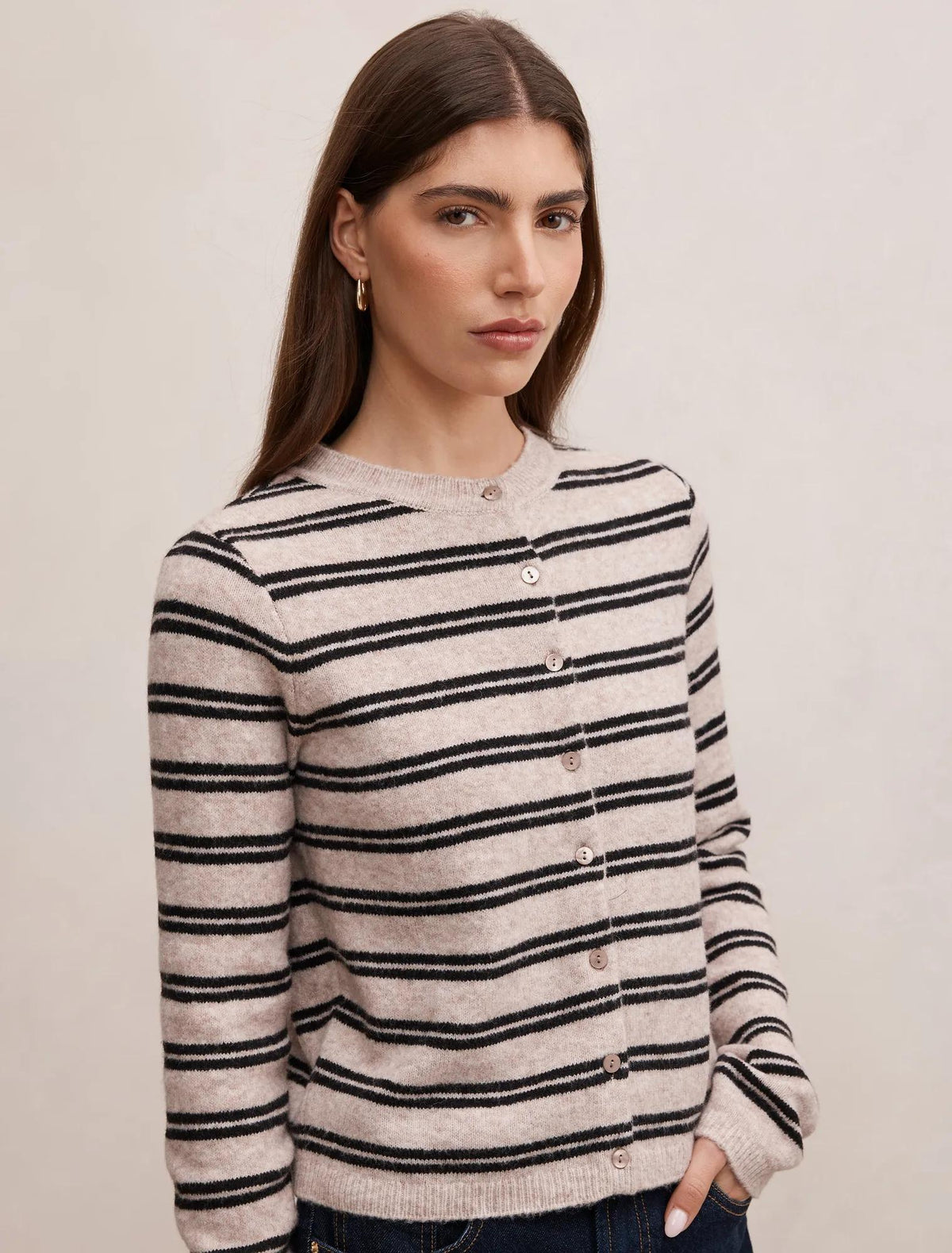 Eloise Stripe Knit Cardigan Mushroom/ Black Stripe