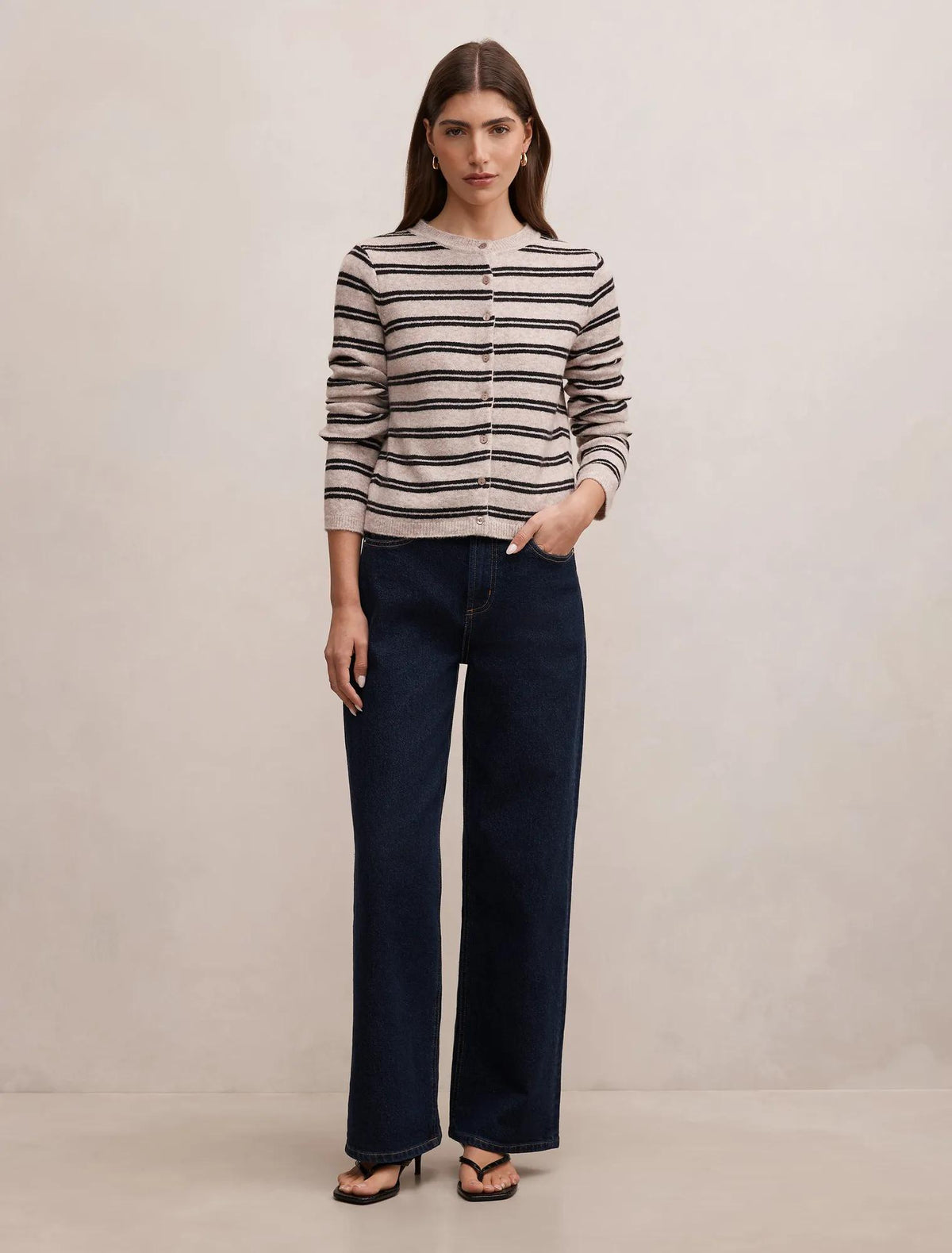 Eloise Stripe Knit Cardigan Mushroom/ Black Stripe