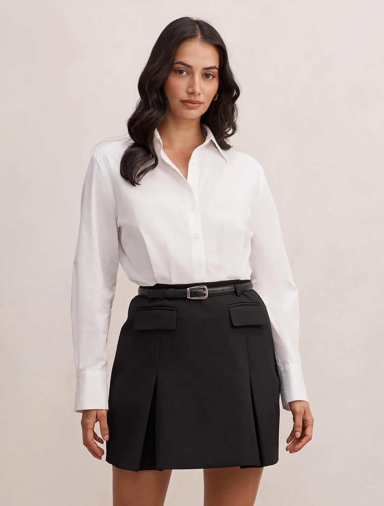 Esme Shirt Belted Mini Dress White/ Black