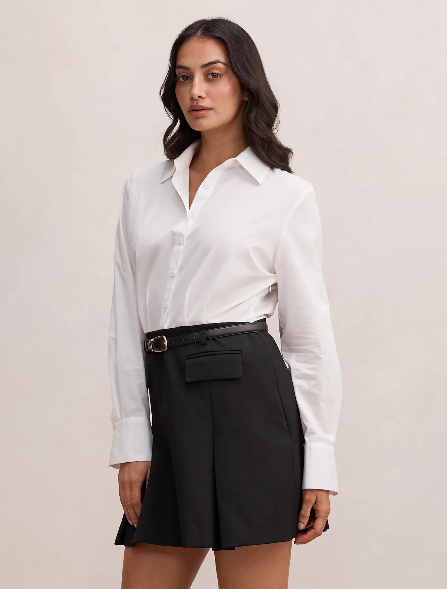 Esme Shirt Belted Mini Dress White/ Black