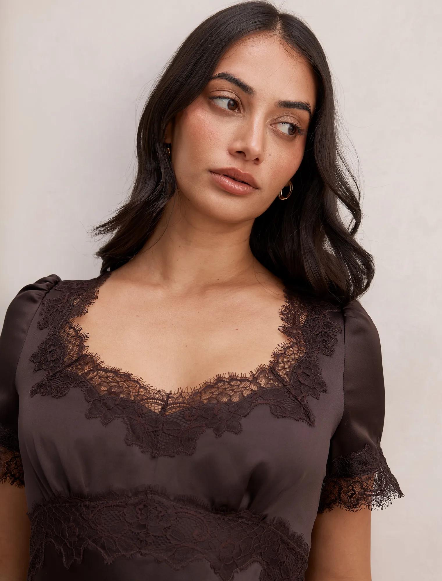 Marissa Lace Trim Satin Mini Plum Brown