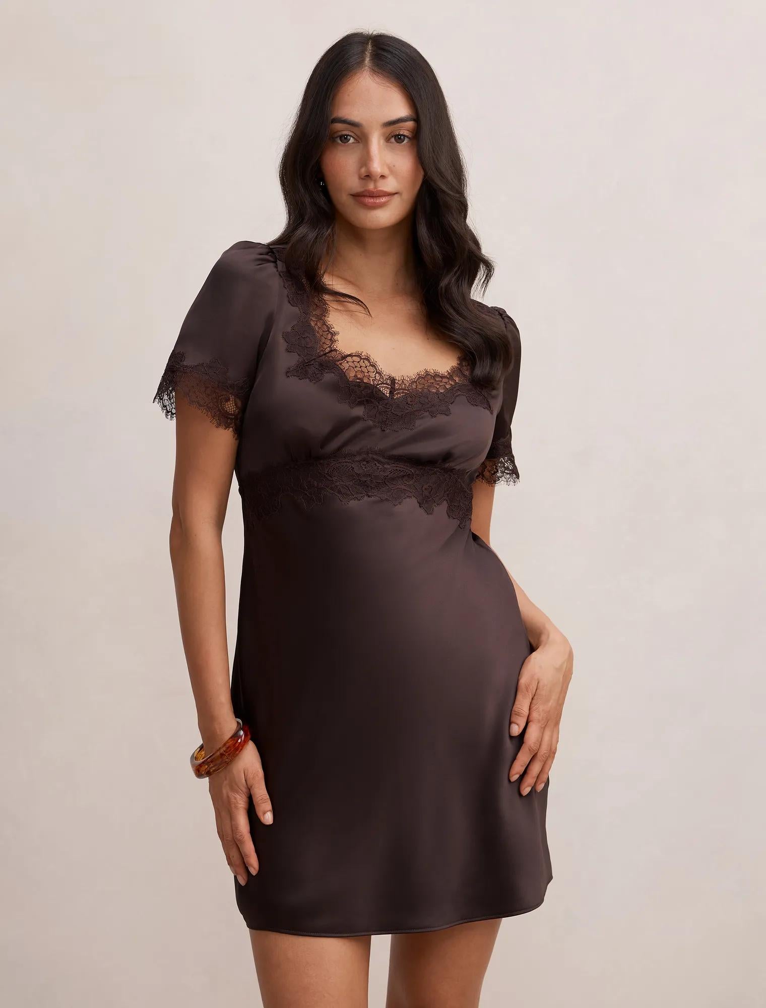 Marissa Lace Trim Satin Mini Plum Brown