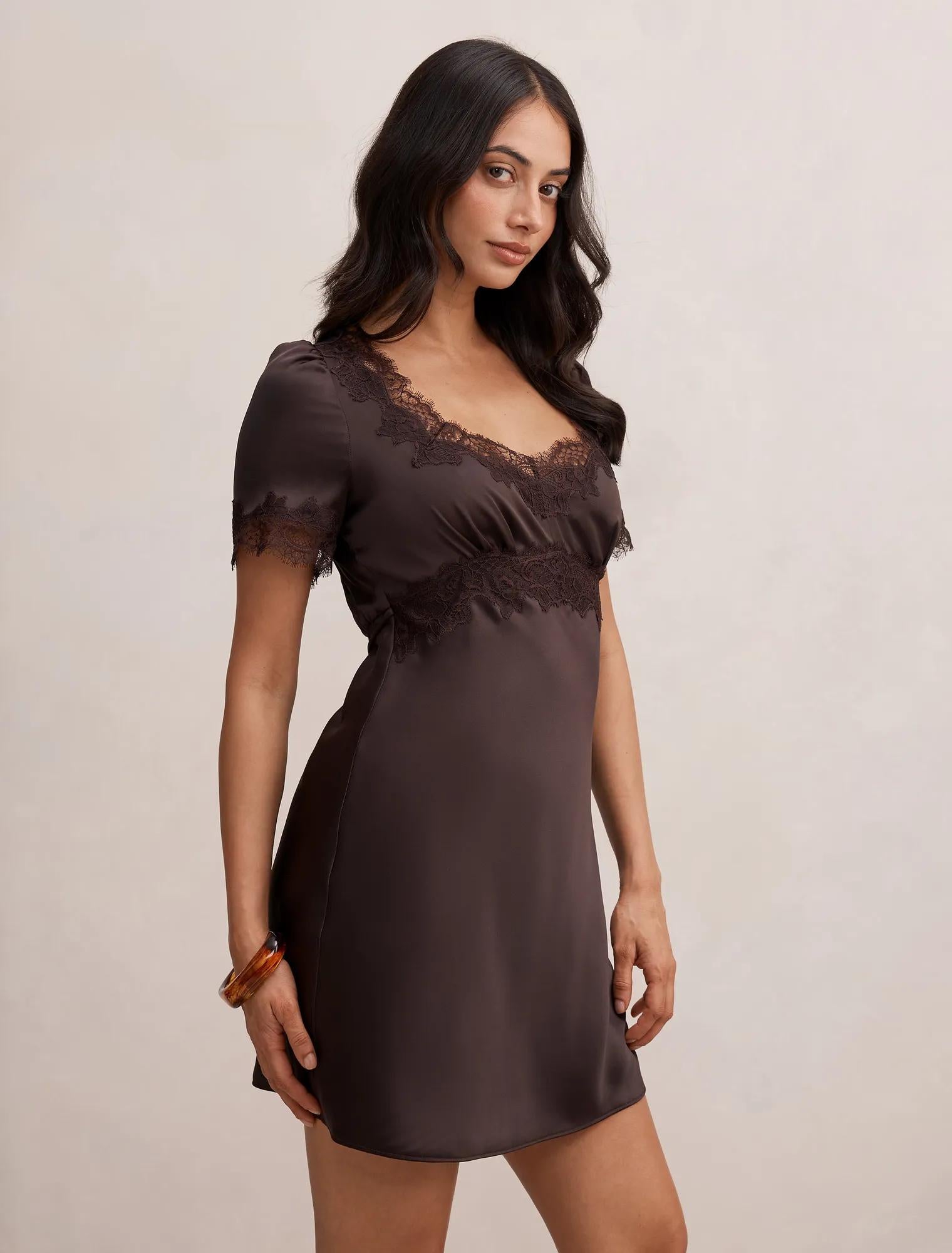 Marissa Lace Trim Satin Mini Plum Brown