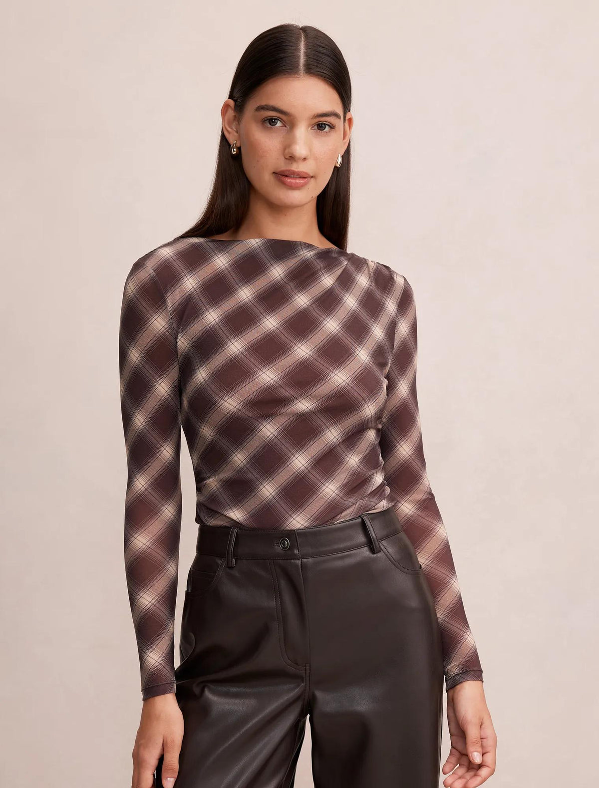 Allegra Check Long Sleeve Top Brown Check