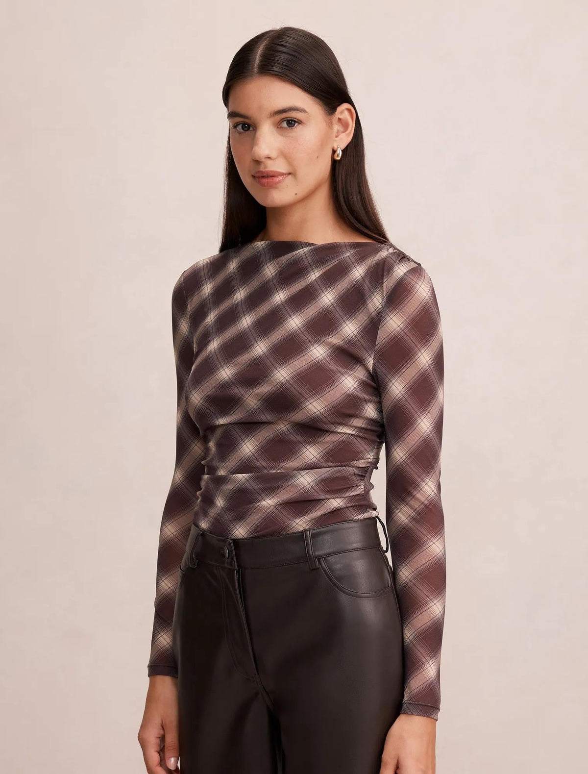 Allegra Check Long Sleeve Top Brown Check