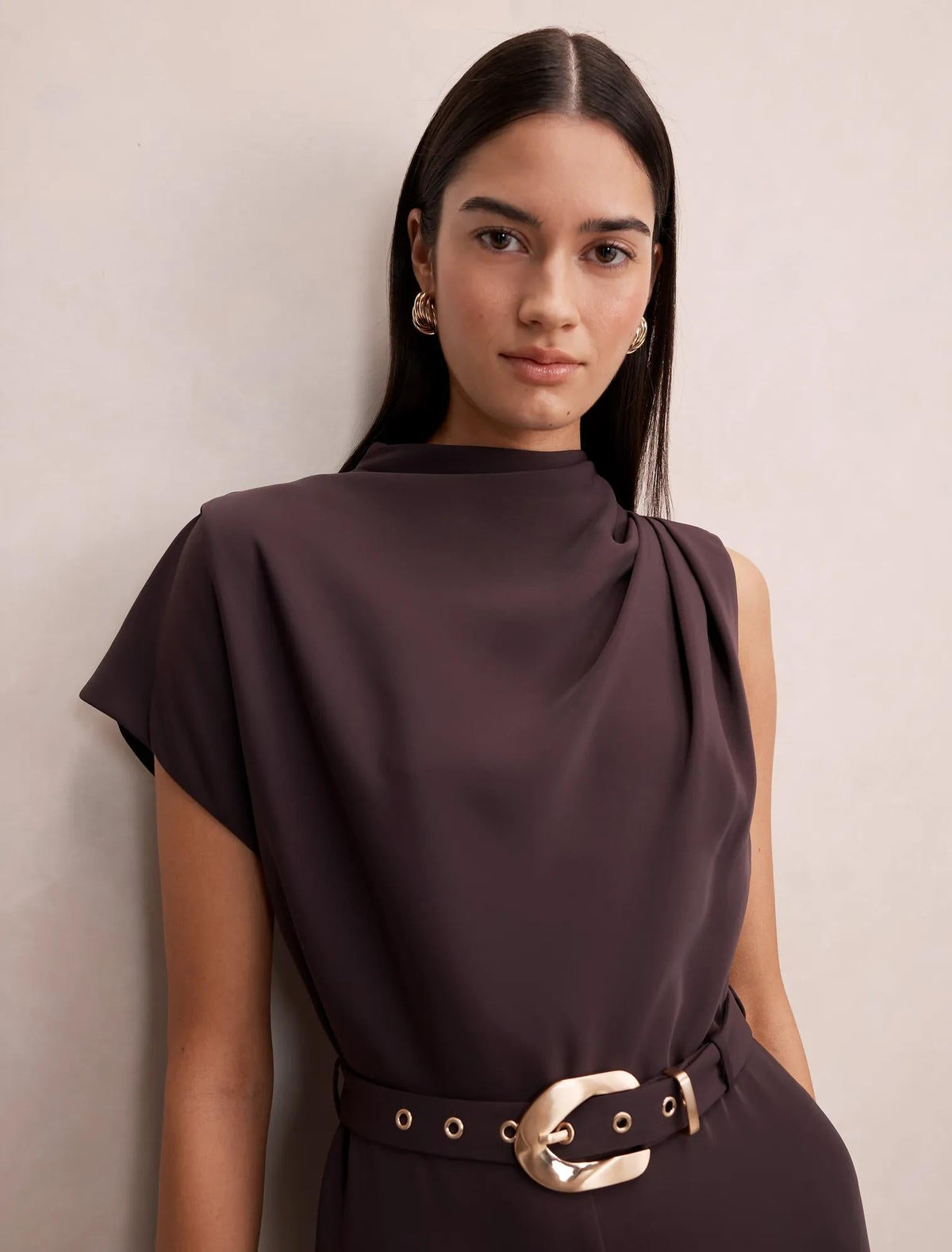 Paisley Cowl Belted Jumpsuit Plum Brown