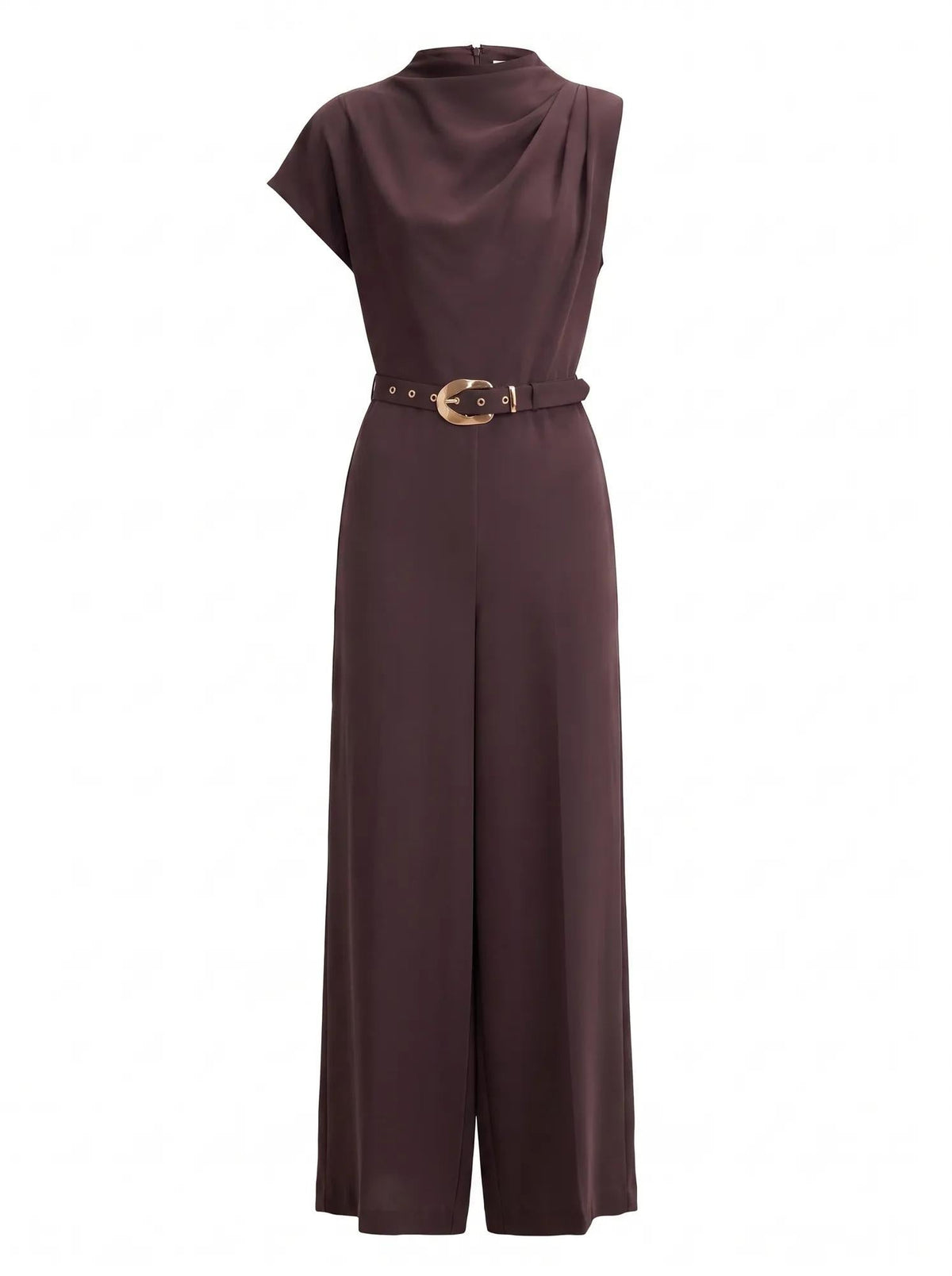 Paisley Cowl Belted Jumpsuit Plum Brown