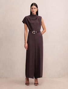 Paisley Cowl Belted Jumpsuit Plum Brown
