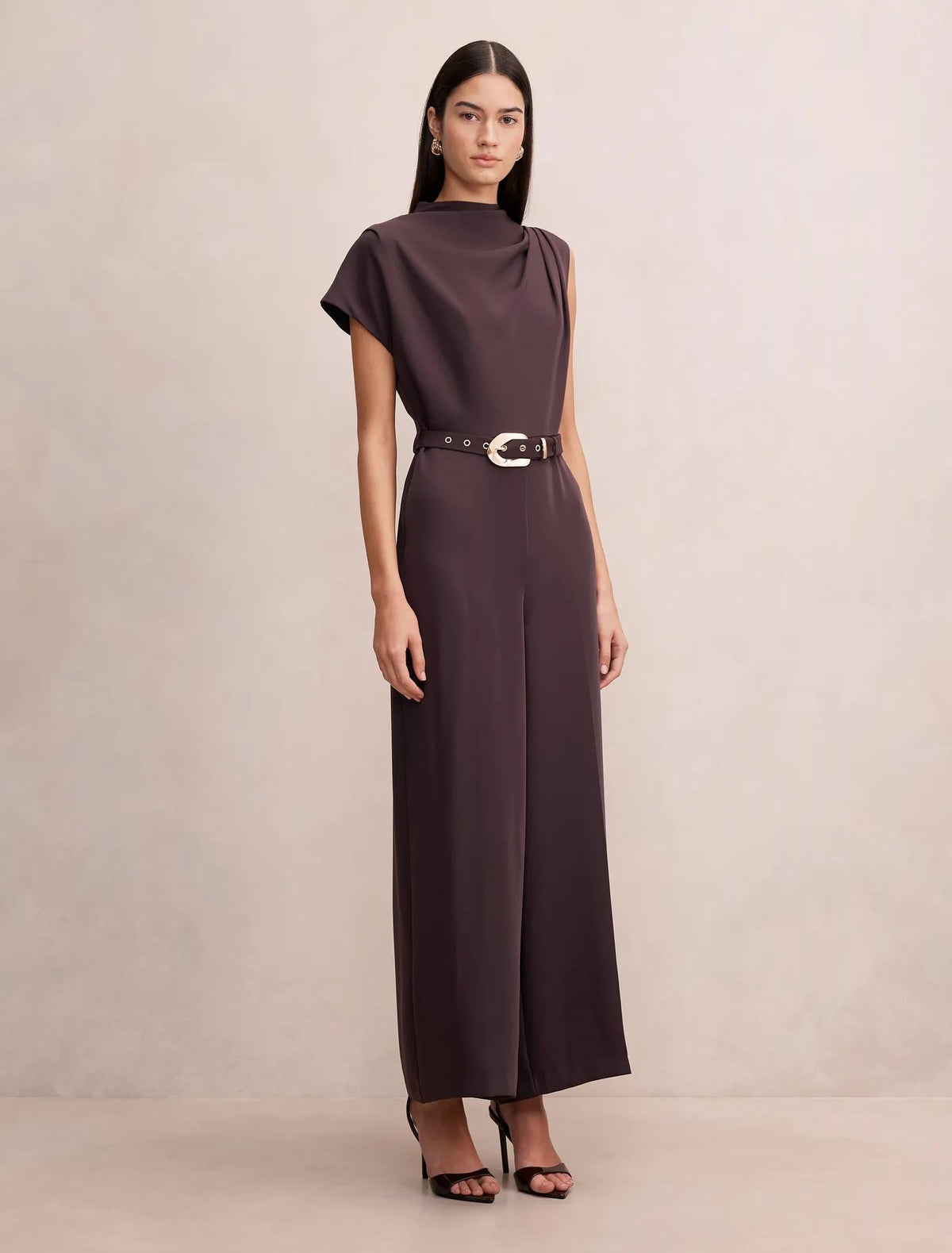 Paisley Cowl Belted Jumpsuit Plum Brown
