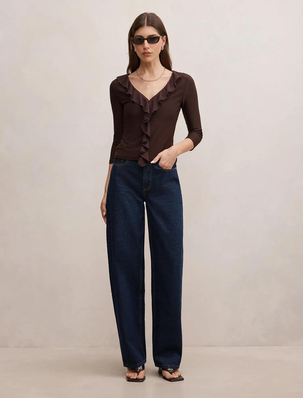 Orla Ruffle 3/4 Sleeve Top Chocolate