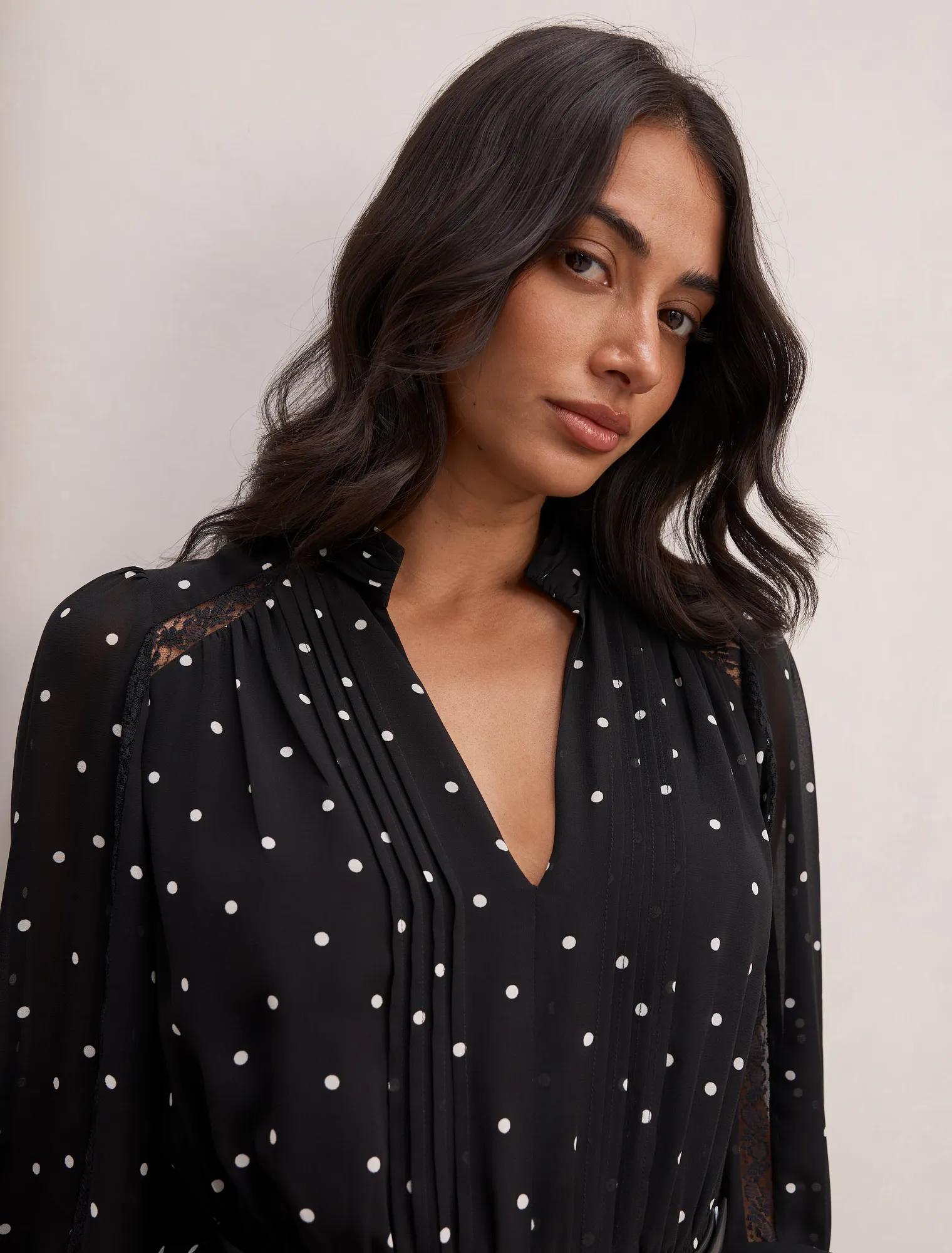 Clara Pleated Lace Trim Midi Dress Dark Risley Spot – Ever New