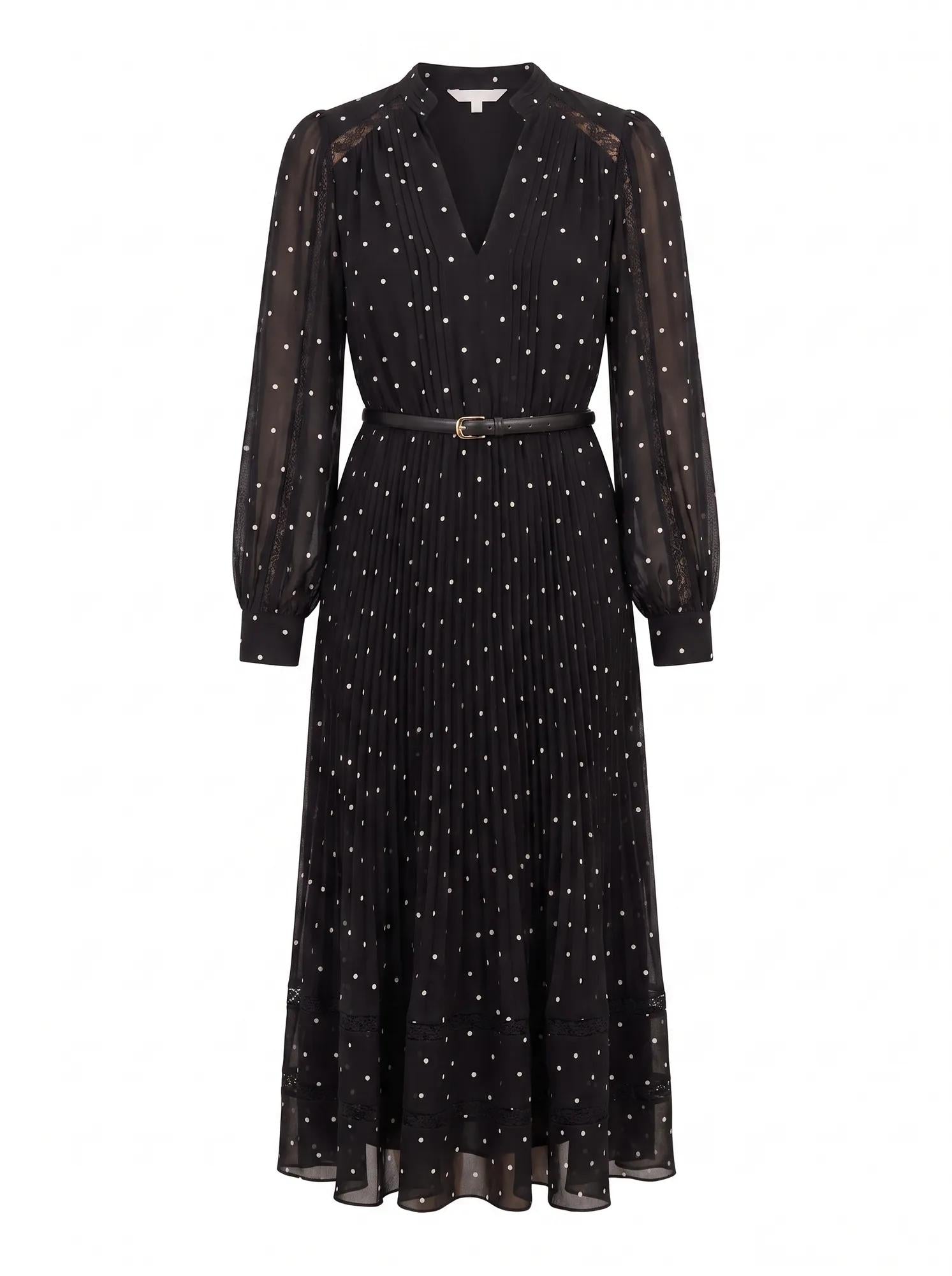 Clara Pleated Lace Trim Midi Dress Dark Risley Spot – Ever New