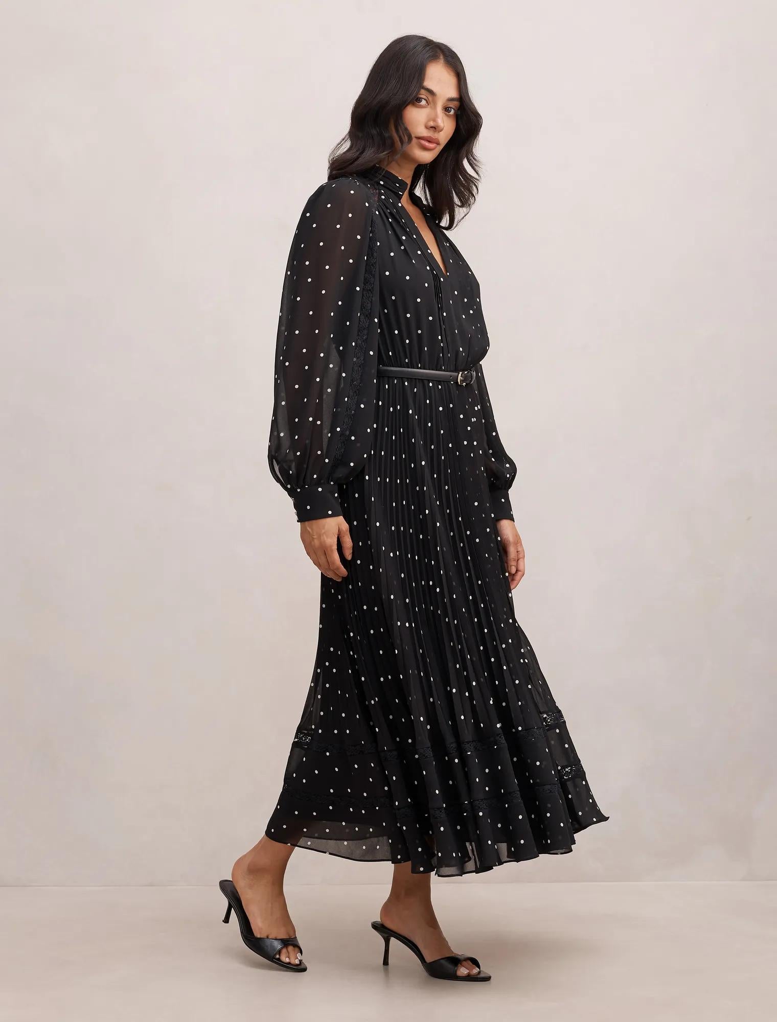 Clara Pleated Lace Trim Midi Dress Dark Risley Spot – Ever New