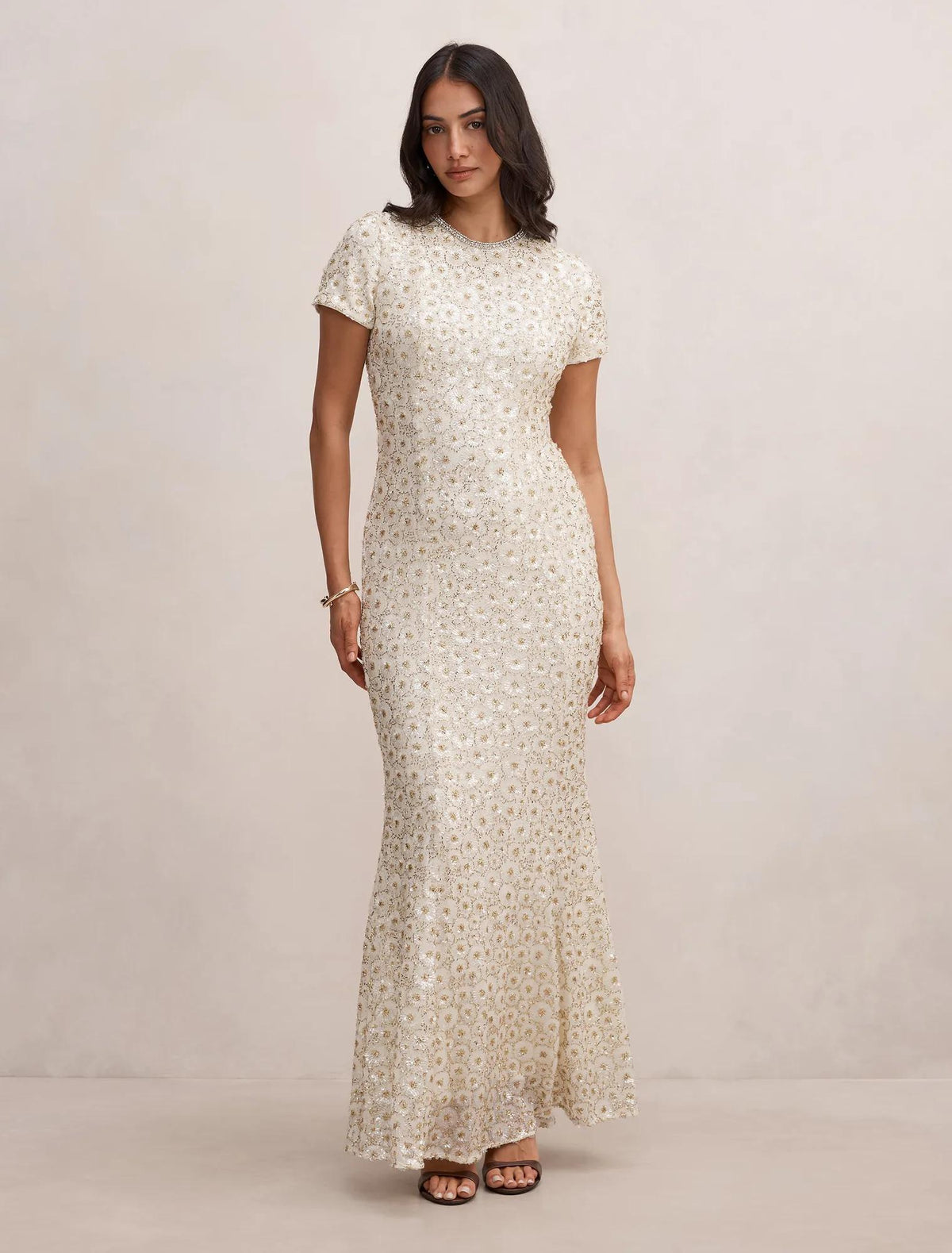 Ines Beaded Sequin Gown Gold