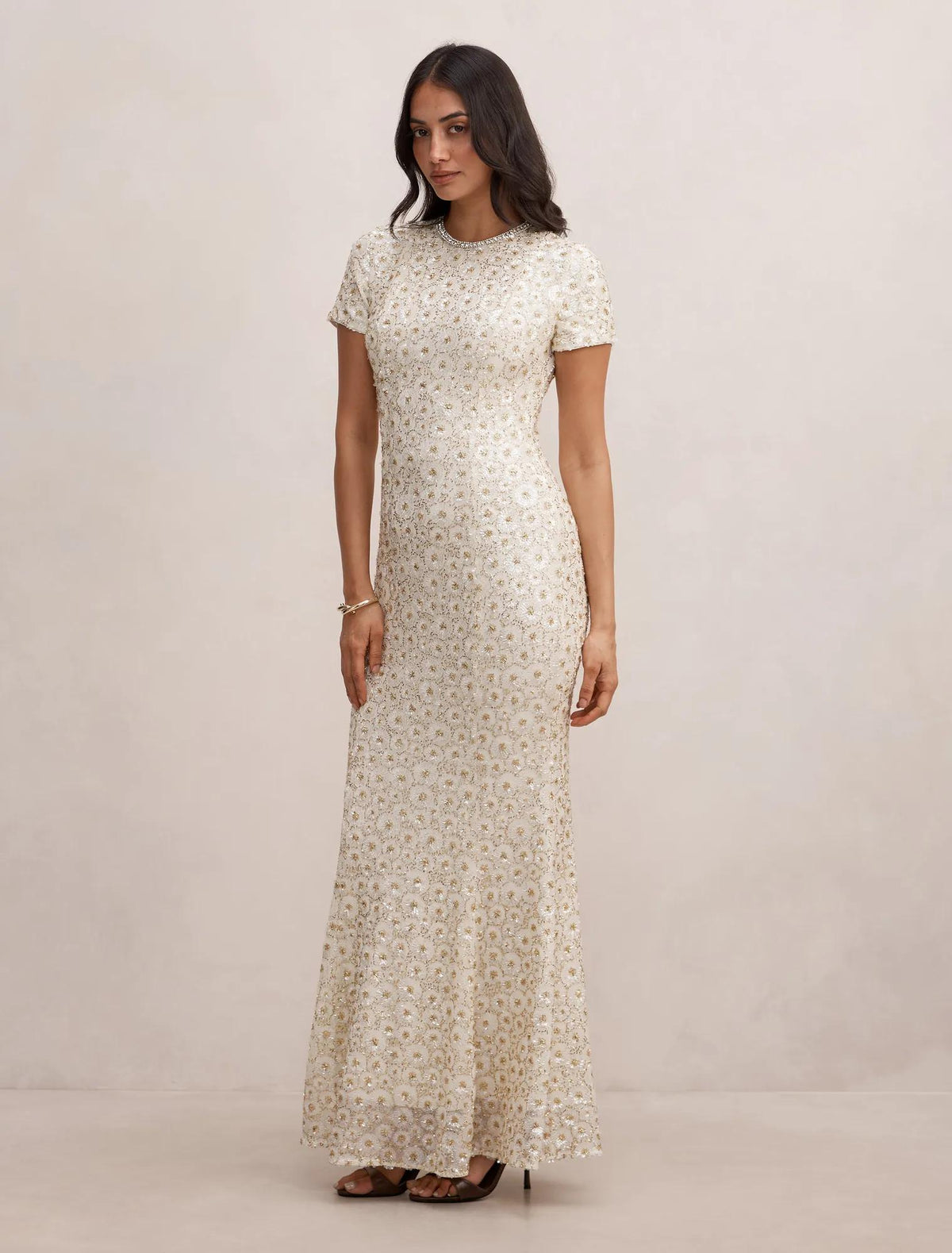 Ines Beaded Sequin Gown Gold