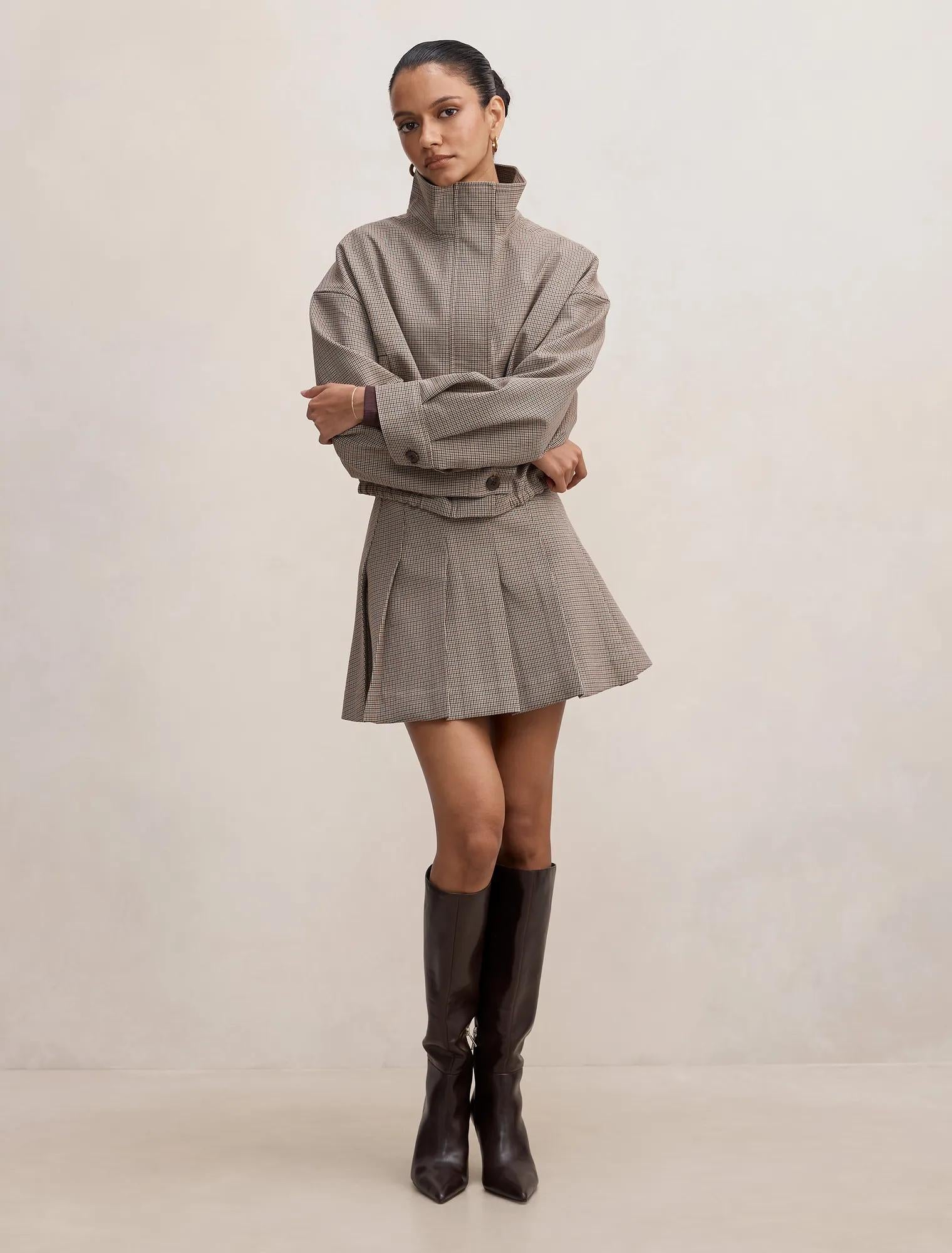 Alisha Petite Pleated Mini Skirt Micro Check Set