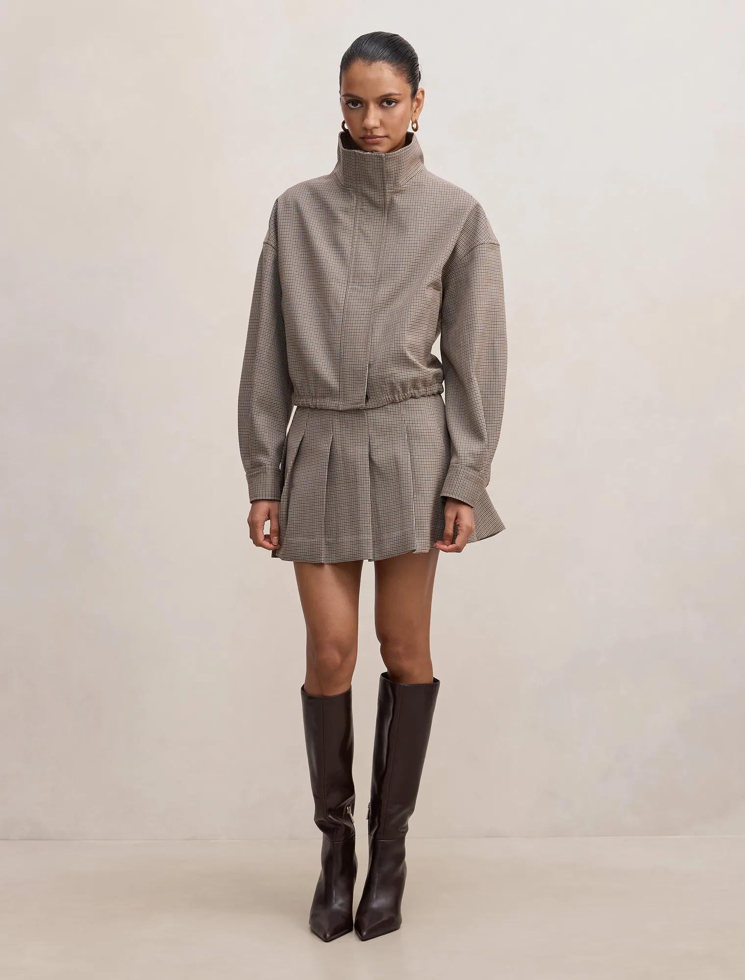 Hazel Petite Funnel Neck Jacket Micro Check Set