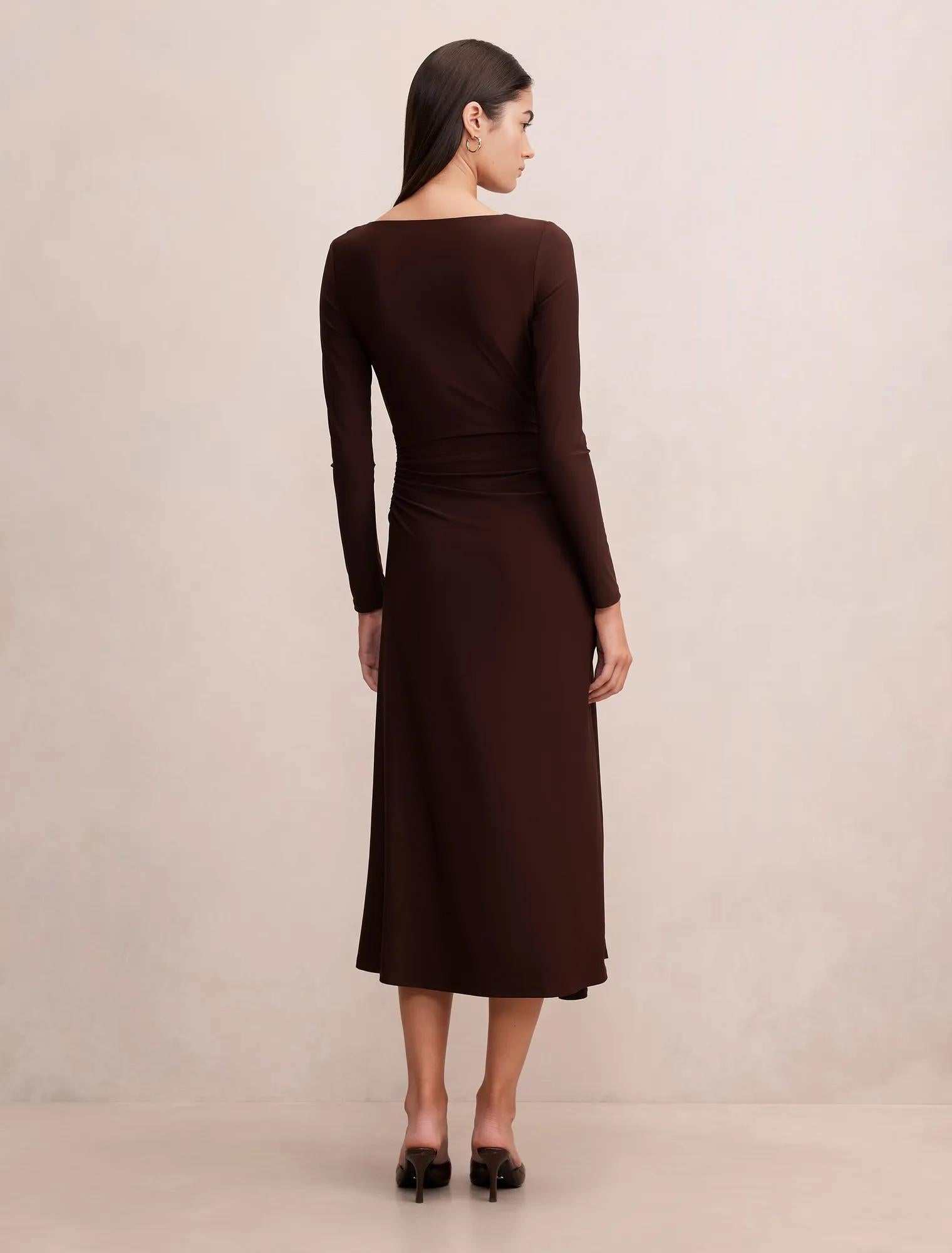 Mabel Long Sleeve Jersey Midi Dress Bitter Chocolate
