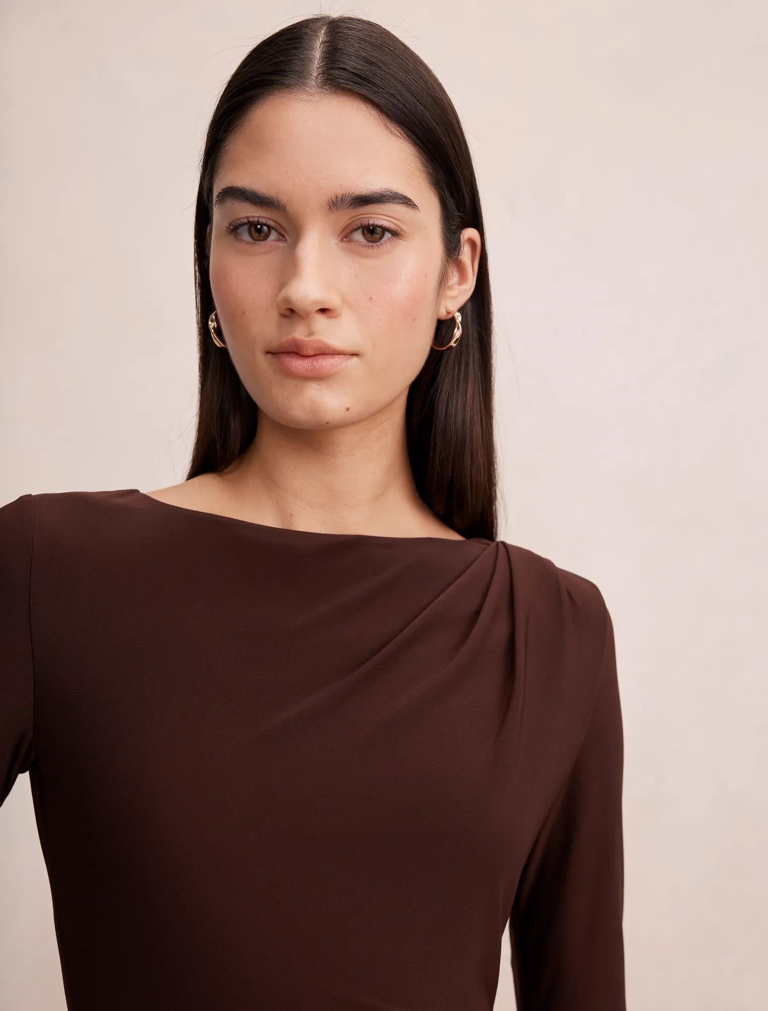 Mabel Long Sleeve Jersey Midi Dress Bitter Chocolate