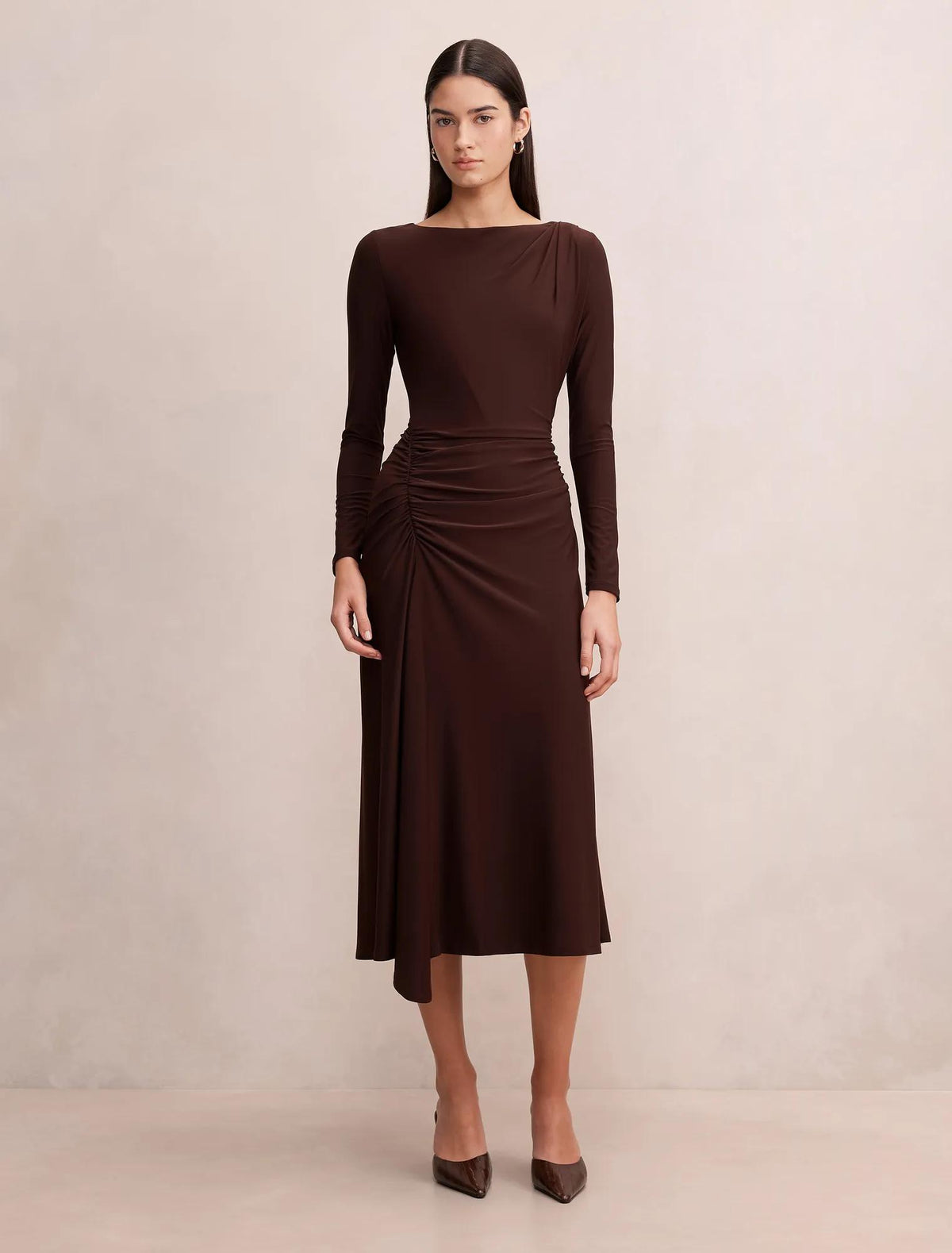 Mabel Long Sleeve Jersey Midi Dress Bitter Chocolate
