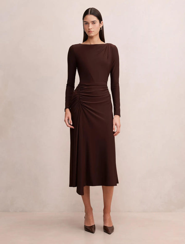 Mabel Long Sleeve Jersey Midi Dress Bitter Chocolate