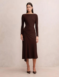 Mabel Long Sleeve Jersey Midi Dress Bitter Chocolate
