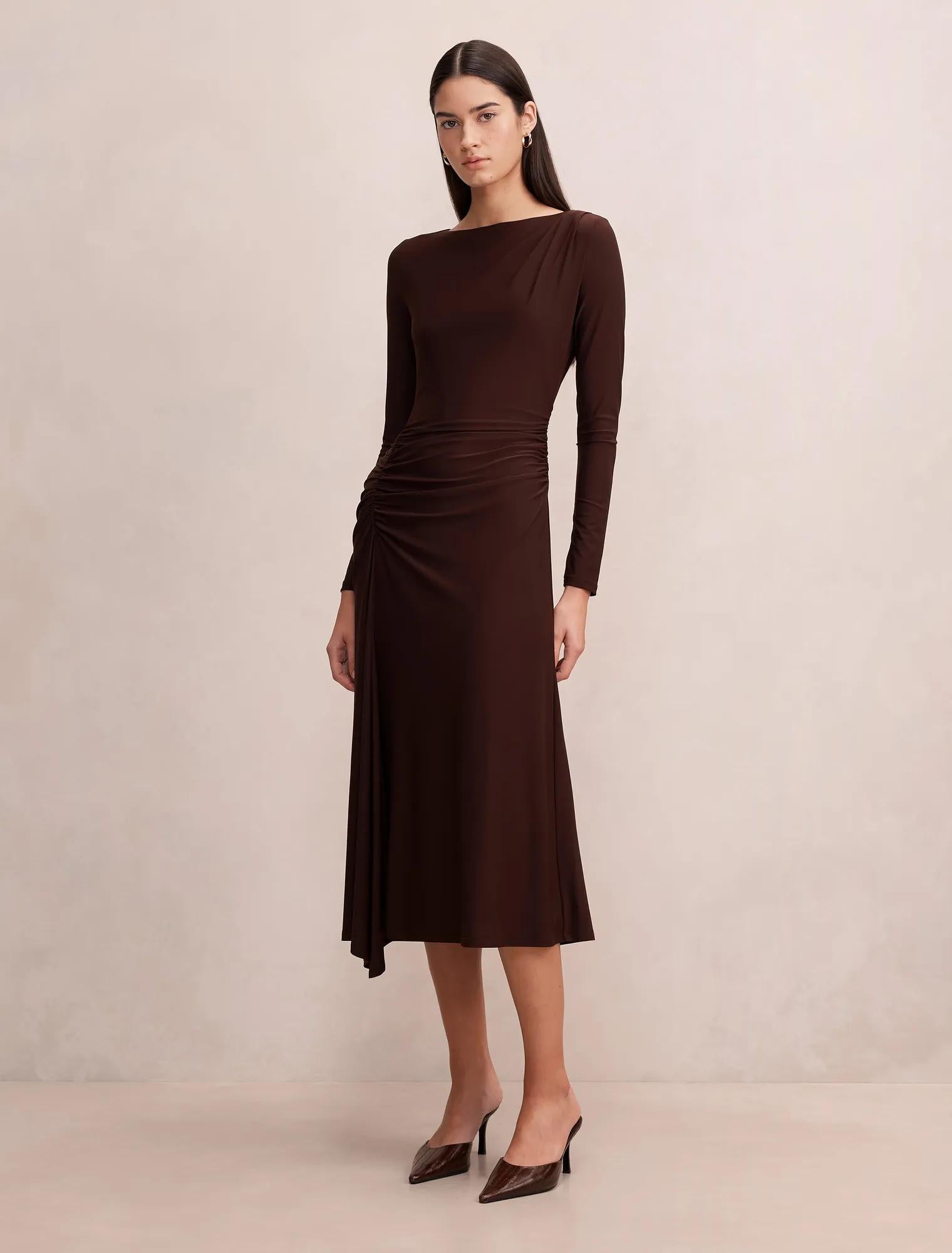 Mabel Long Sleeve Jersey Midi Dress Bitter Chocolate