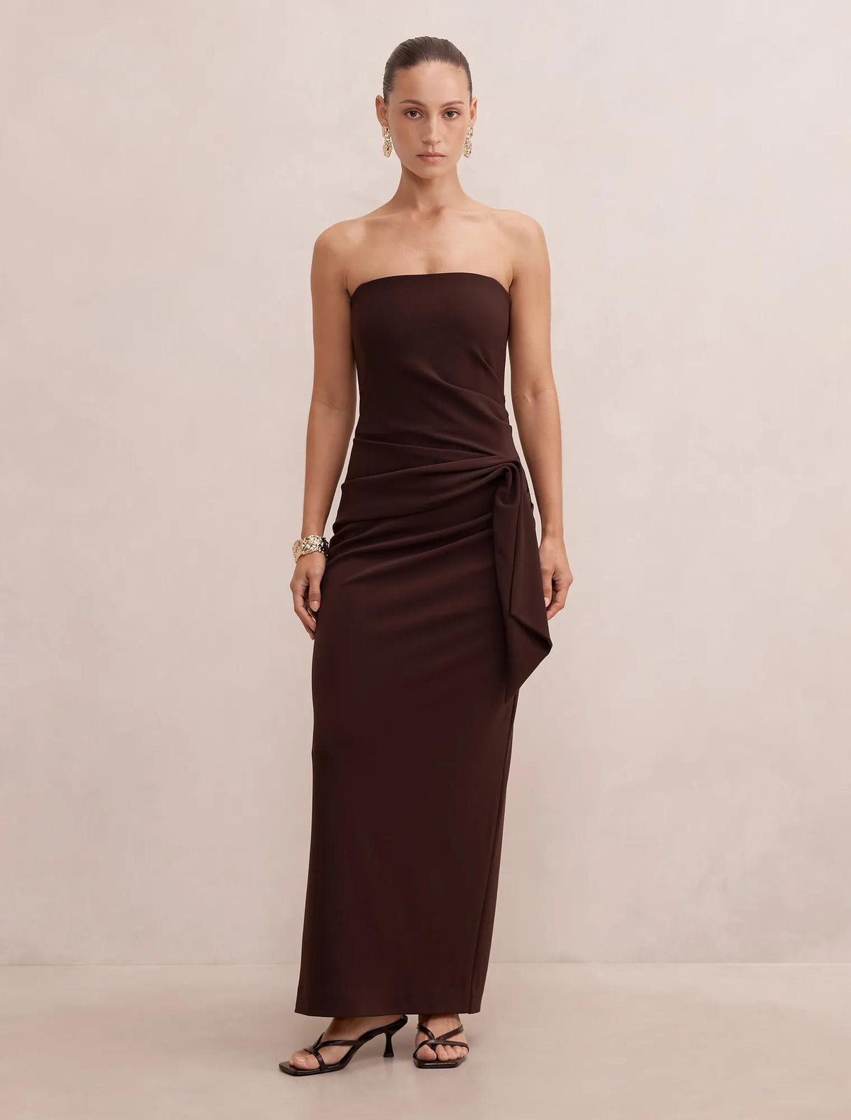 Lilah Petite Strapless Crepe Dress Dark Chocolate