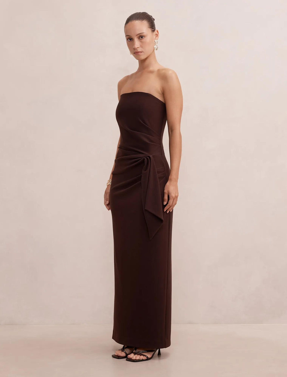 Lilah Petite Strapless Crepe Dress Dark Chocolate