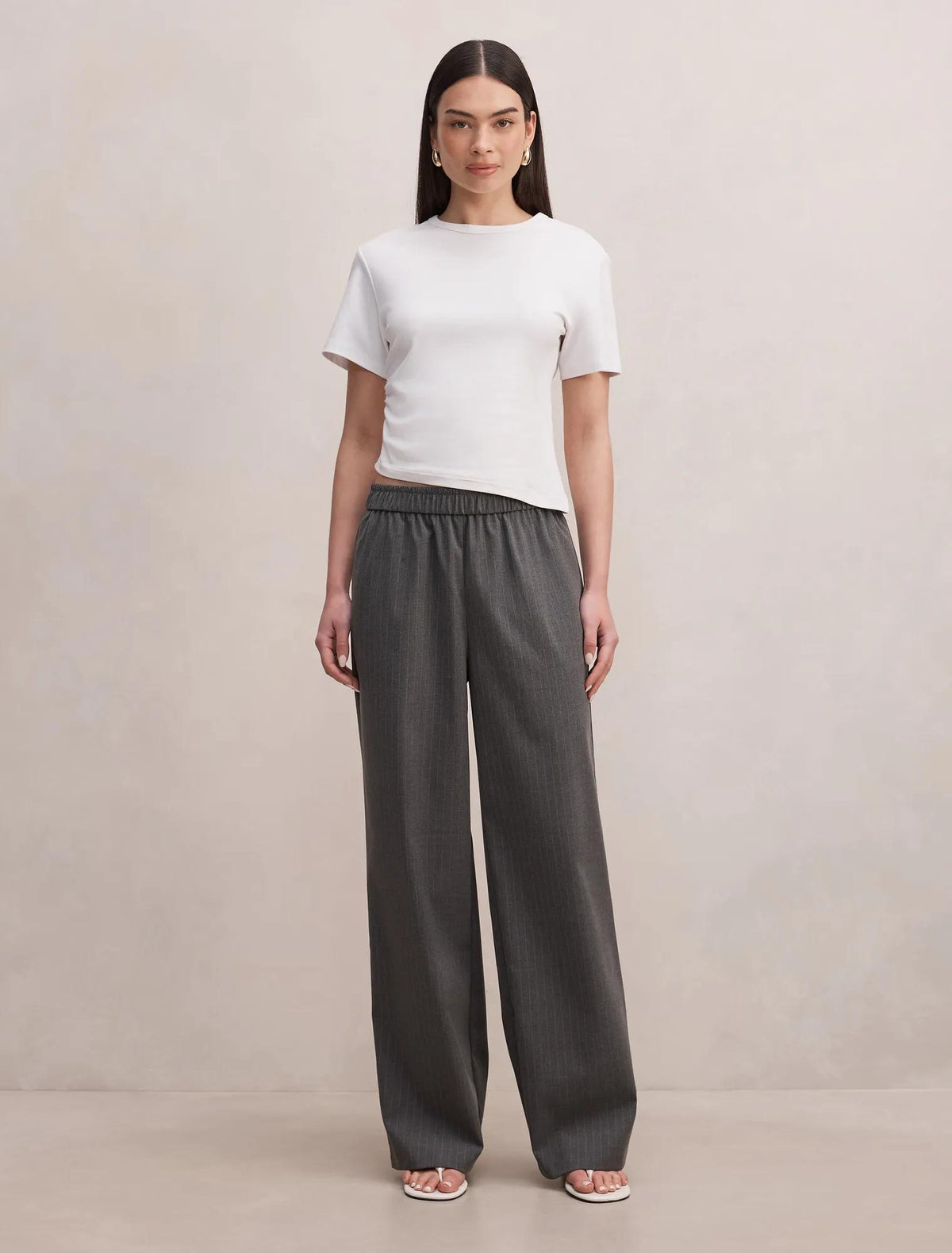 Ella Elastic Wide Leg Pants Grey Pinstripe