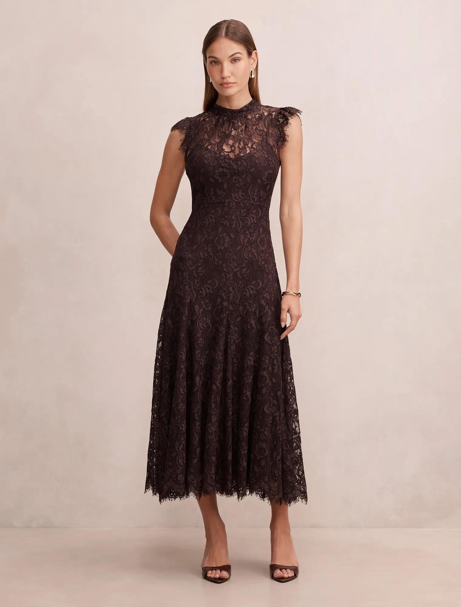 Arielle Lace Midi Dress Plum Brown
