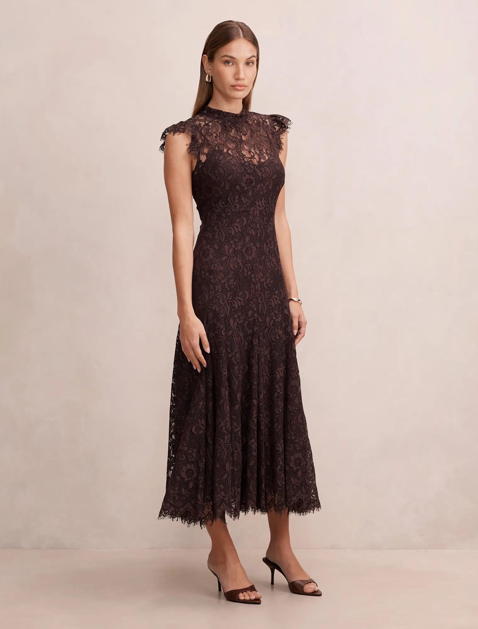 Arielle Lace Midi Dress Plum Brown – Ever New