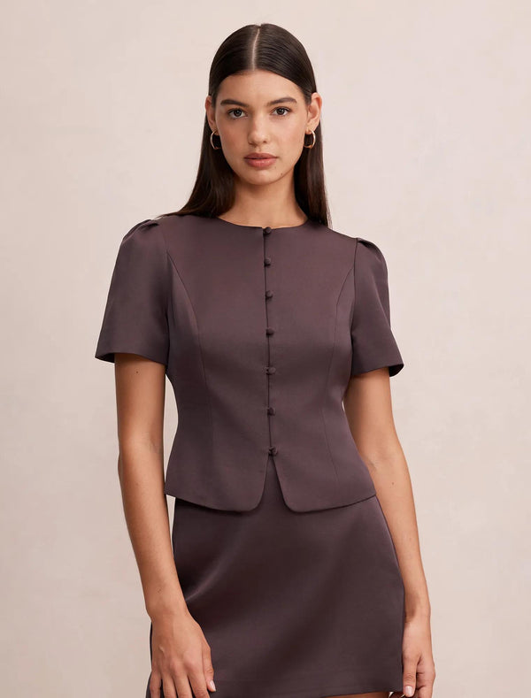 Tarni Structured Satin Blouse Plum Brown Co-ord